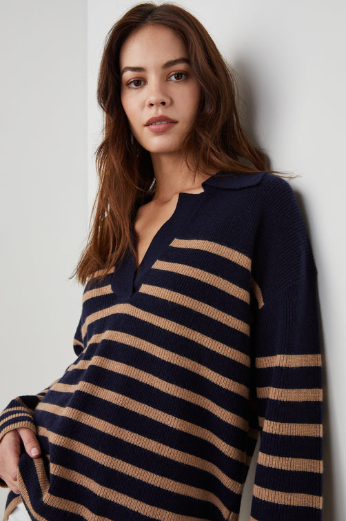 HARRIS SWEATER CAMEL NAVY STRIPE - FRONT ANGLE