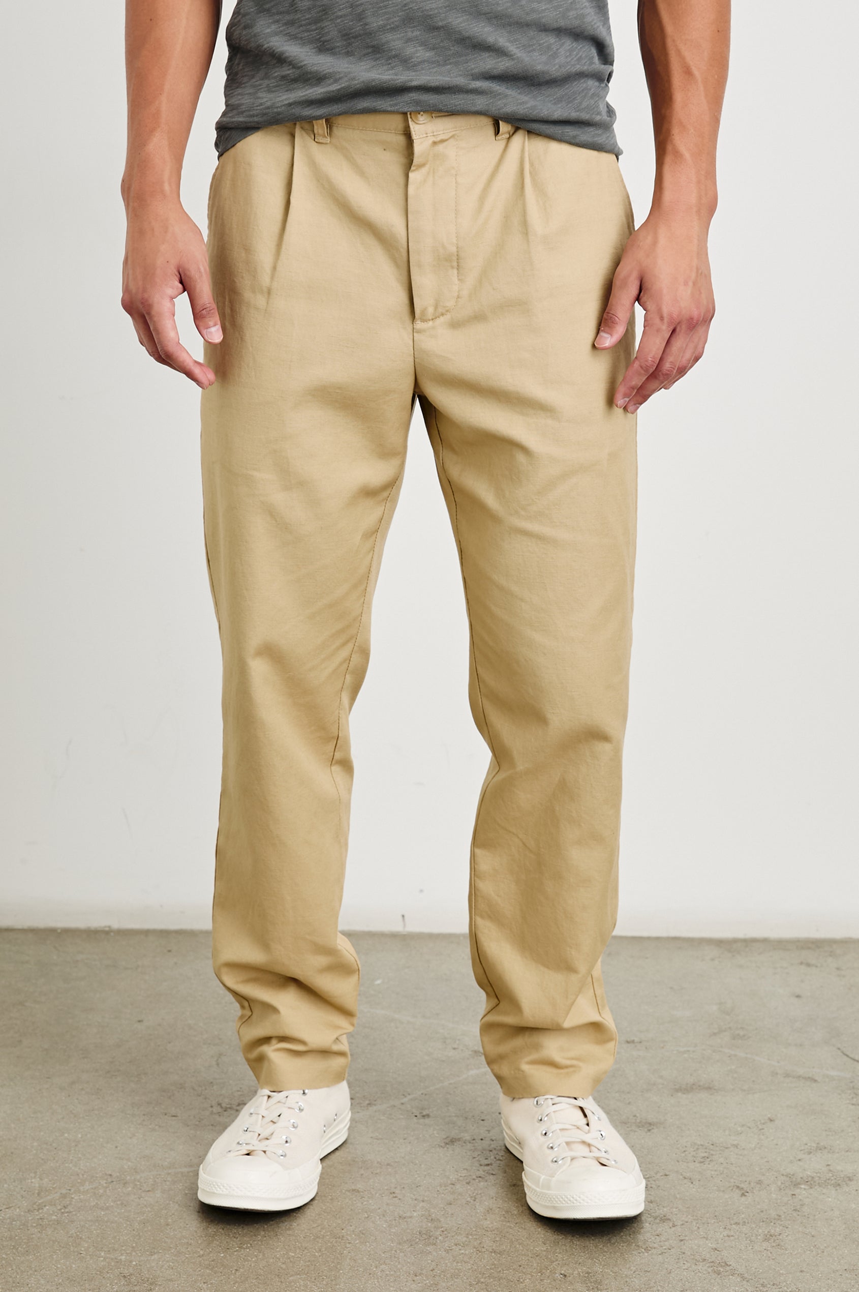 Hawthorne Pants with Belt Loops, Two Front Pockets and Back Welt Pockets in Khaki Colorway - Front View Featured on Model 
