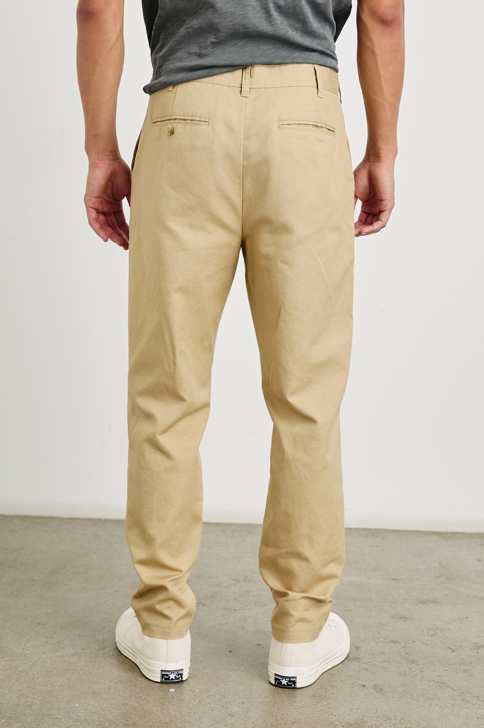 Hawthorne Pants with Belt Loops, Two Front Pockets and Back Welt Pockets in Khaki Colorway - Back View Featured on Model 