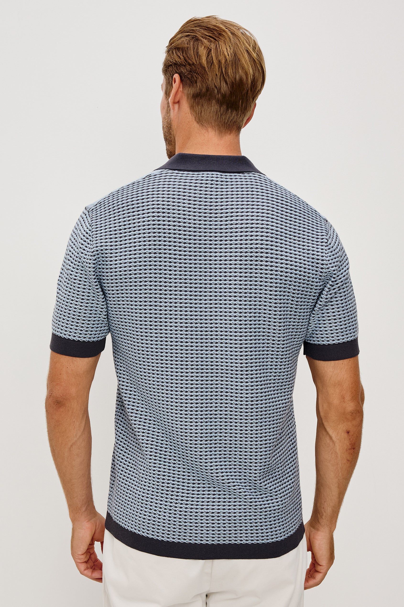 Hayden Polo Shirt in Lightweight Cotton With Split V-Neck Collar, Short Sleeves, and Classic Fit in Blue Lagoon Ripple Colorway - Upper Body Back View Featured on Model