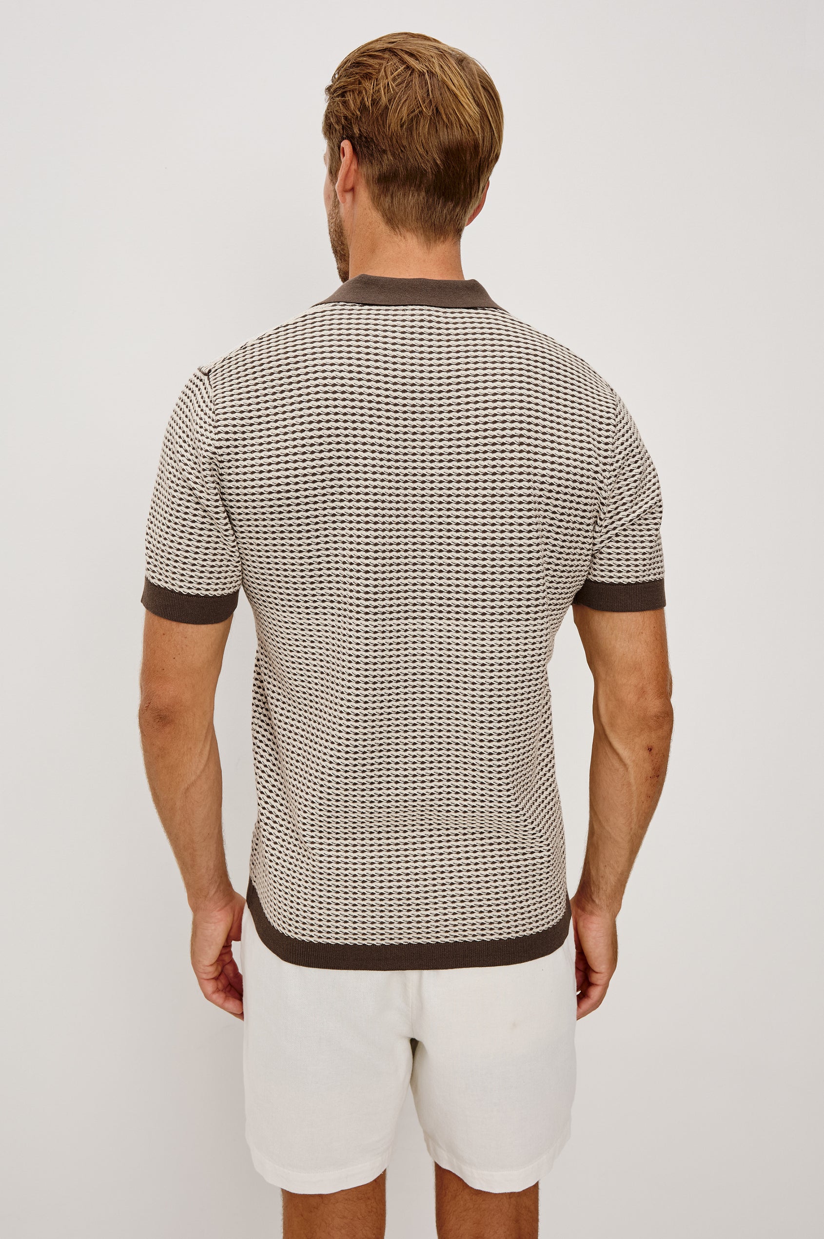 Hayden Polo Shirt in Lightweight Cotton With Split V-Neck Collar, Short Sleeves, and Classic Fit in Oat Ripple Colorway - Upper Body Back View Featured on Model