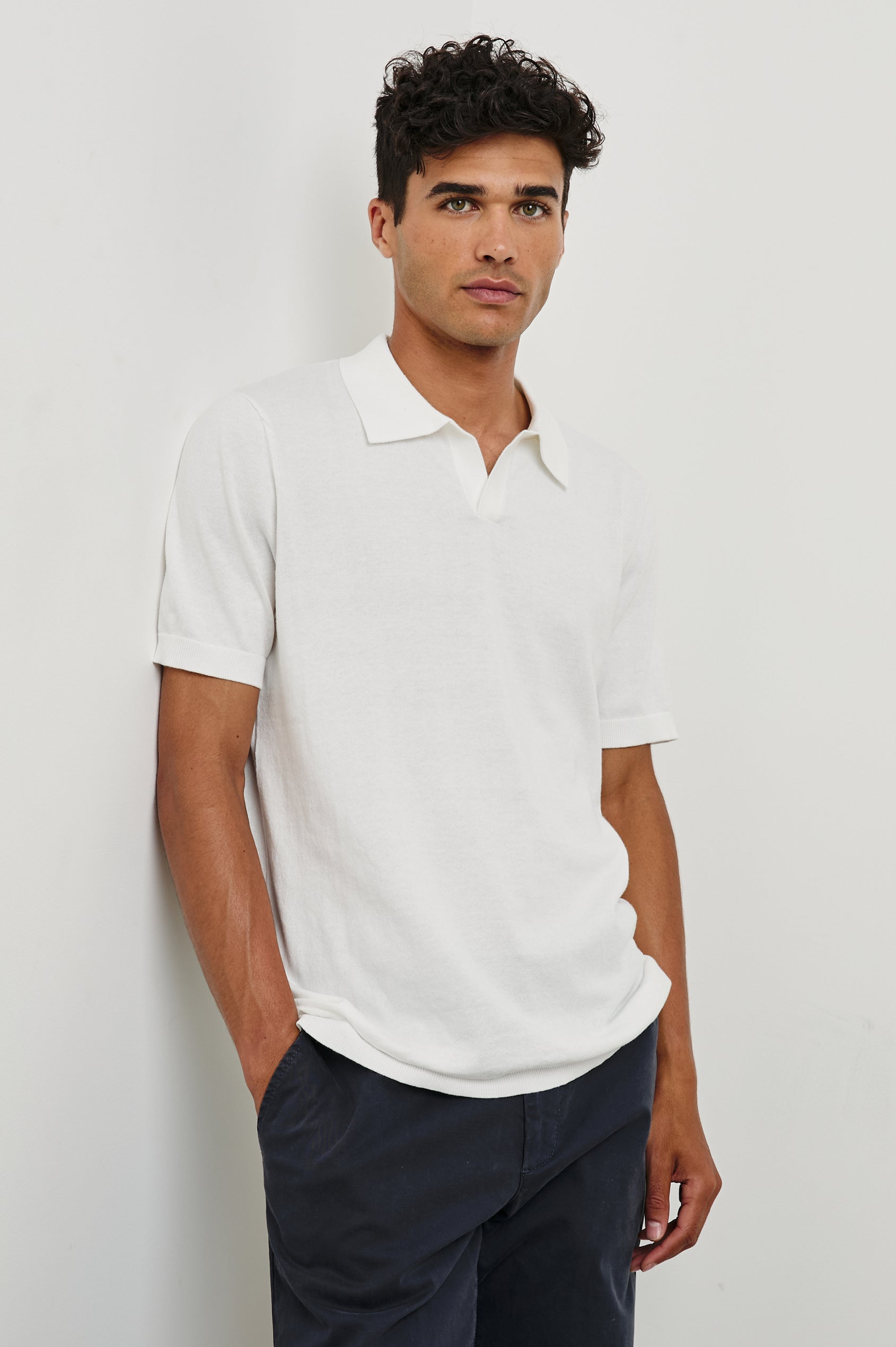 Hayden cotton short sleeve polo with collar and short placket in White - front view on model