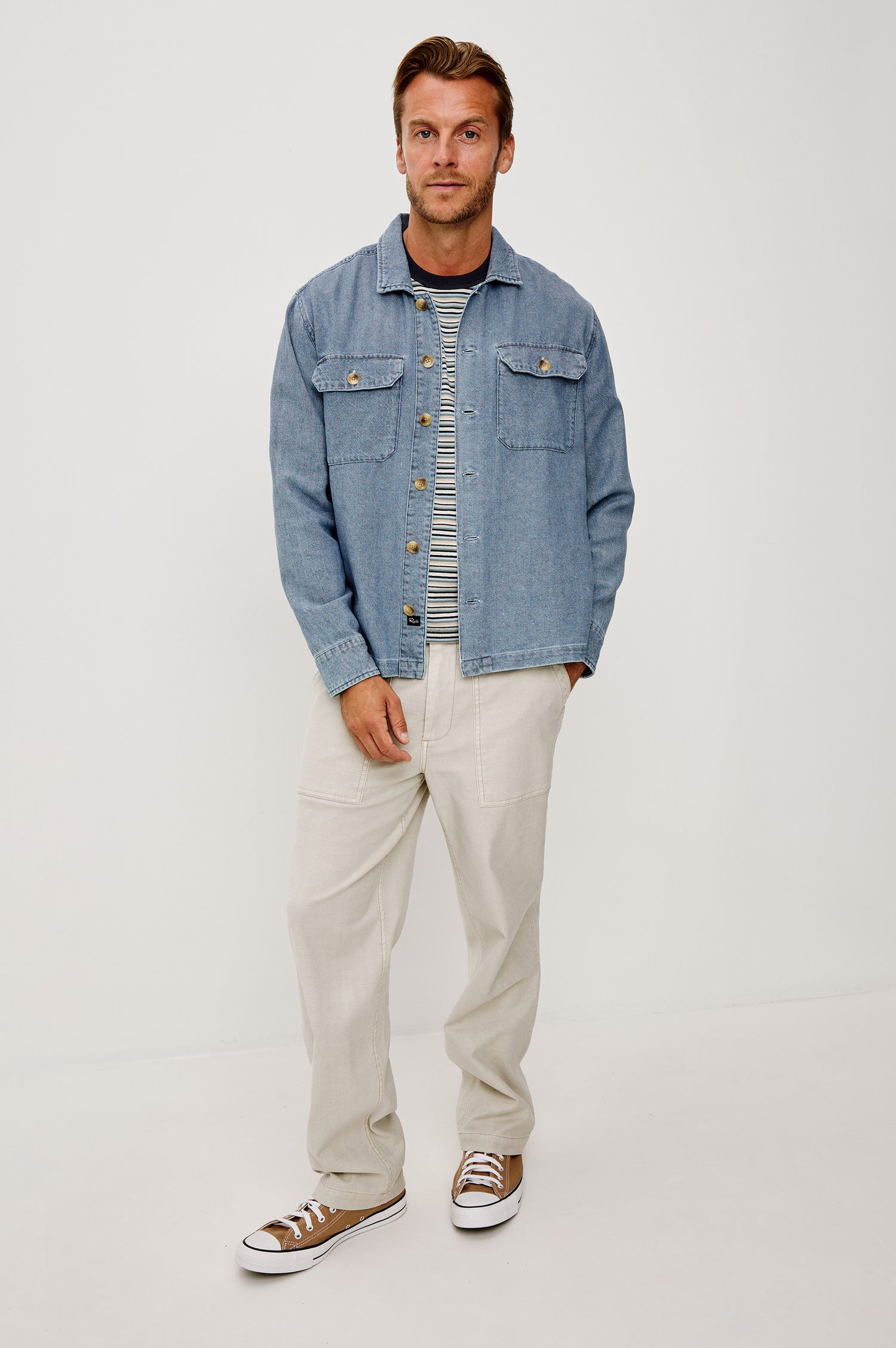 Hayes Shirt Jacket in Linen Cotton Slub With Long Sleeves, Chest Patch Pockets, and Collar in Medium Wash Indigo Colorway - Full Body Front View Featured on Model
