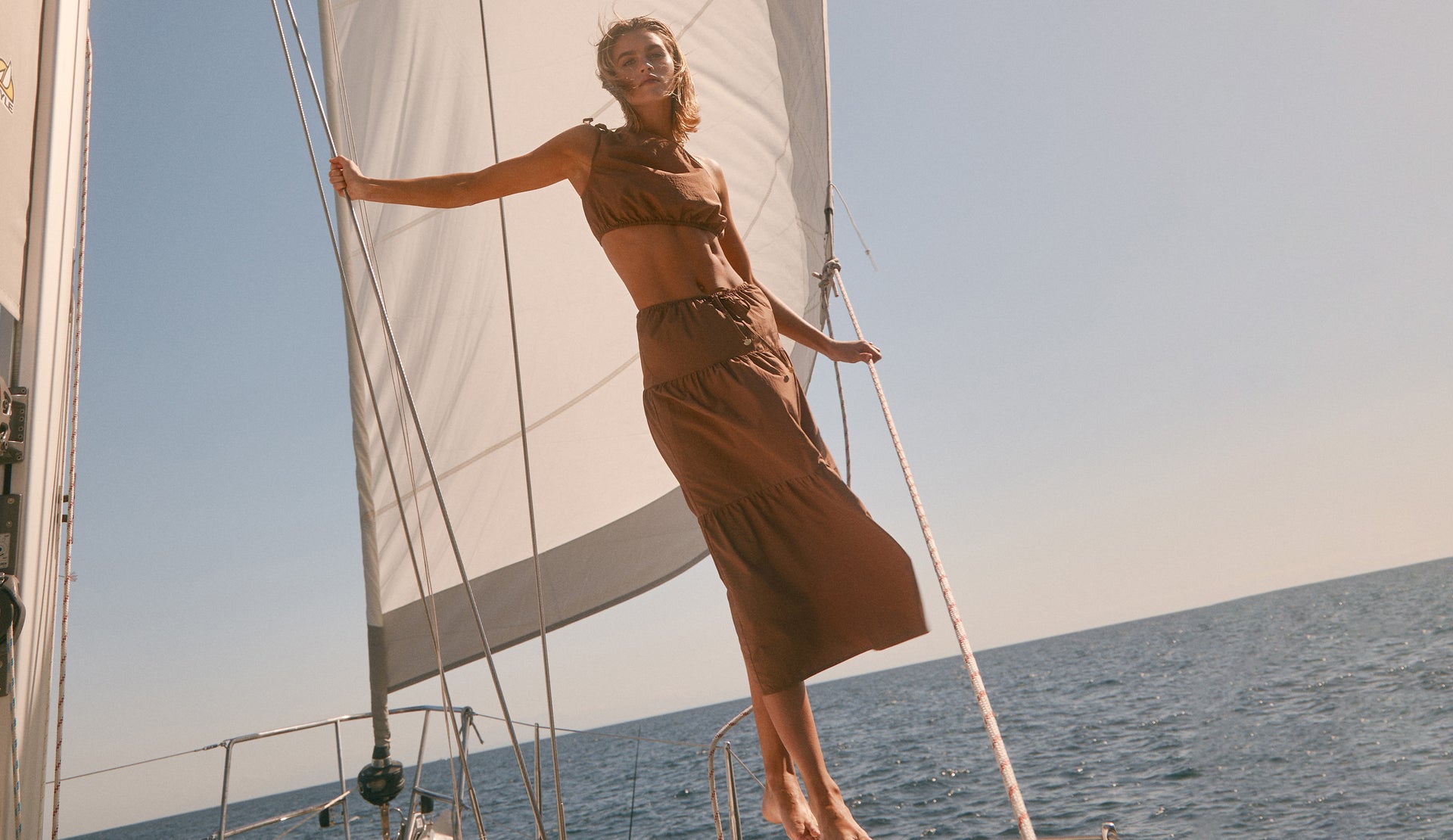 Editorial image of model standing on boat