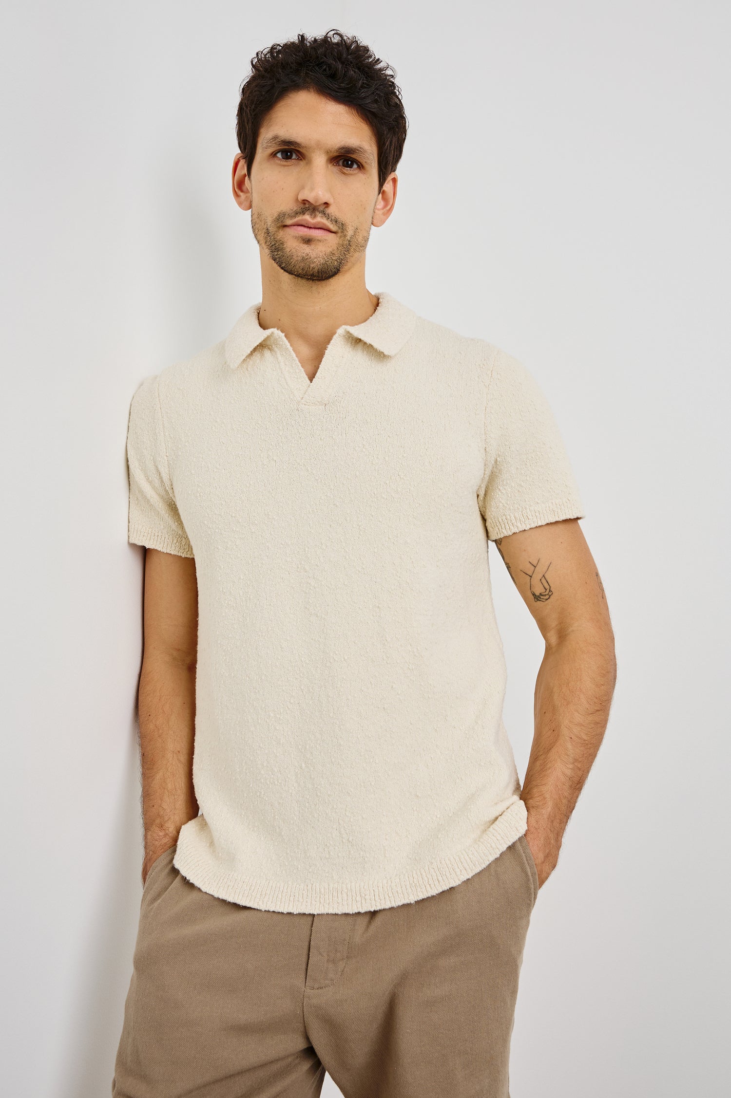 Heath Polo Shirt with Short Sleeves in Cream Colorway. Front View Shown on Model.
