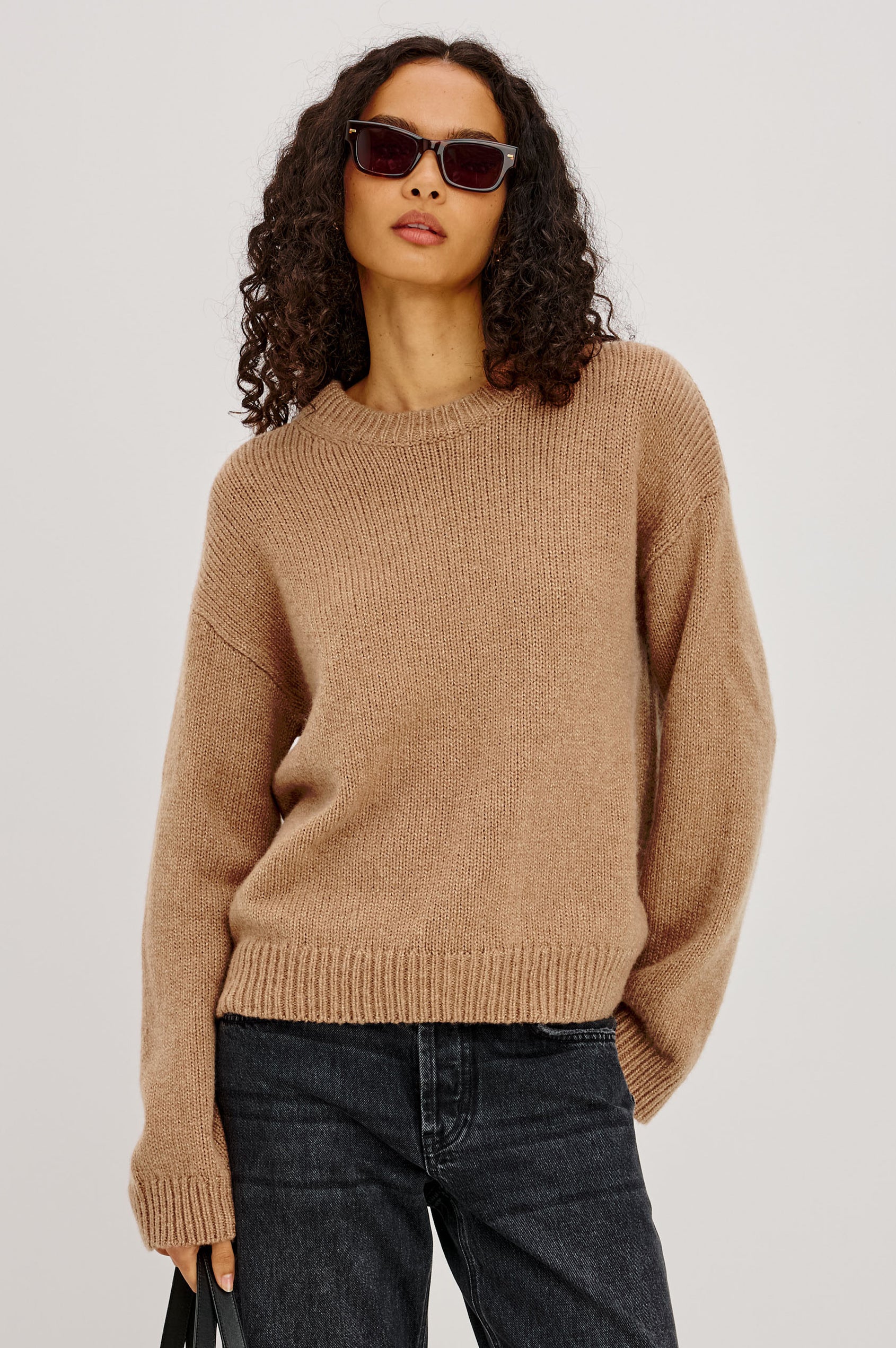Helly Sweater in Wool-Cashmere Blend With Crew Neckline, Relaxed Boxy Slightly Cropped Fit, Long Sleeves, and Ribbed Trim in Heather Camel Colorway - Upper Body Front View Featured on Model