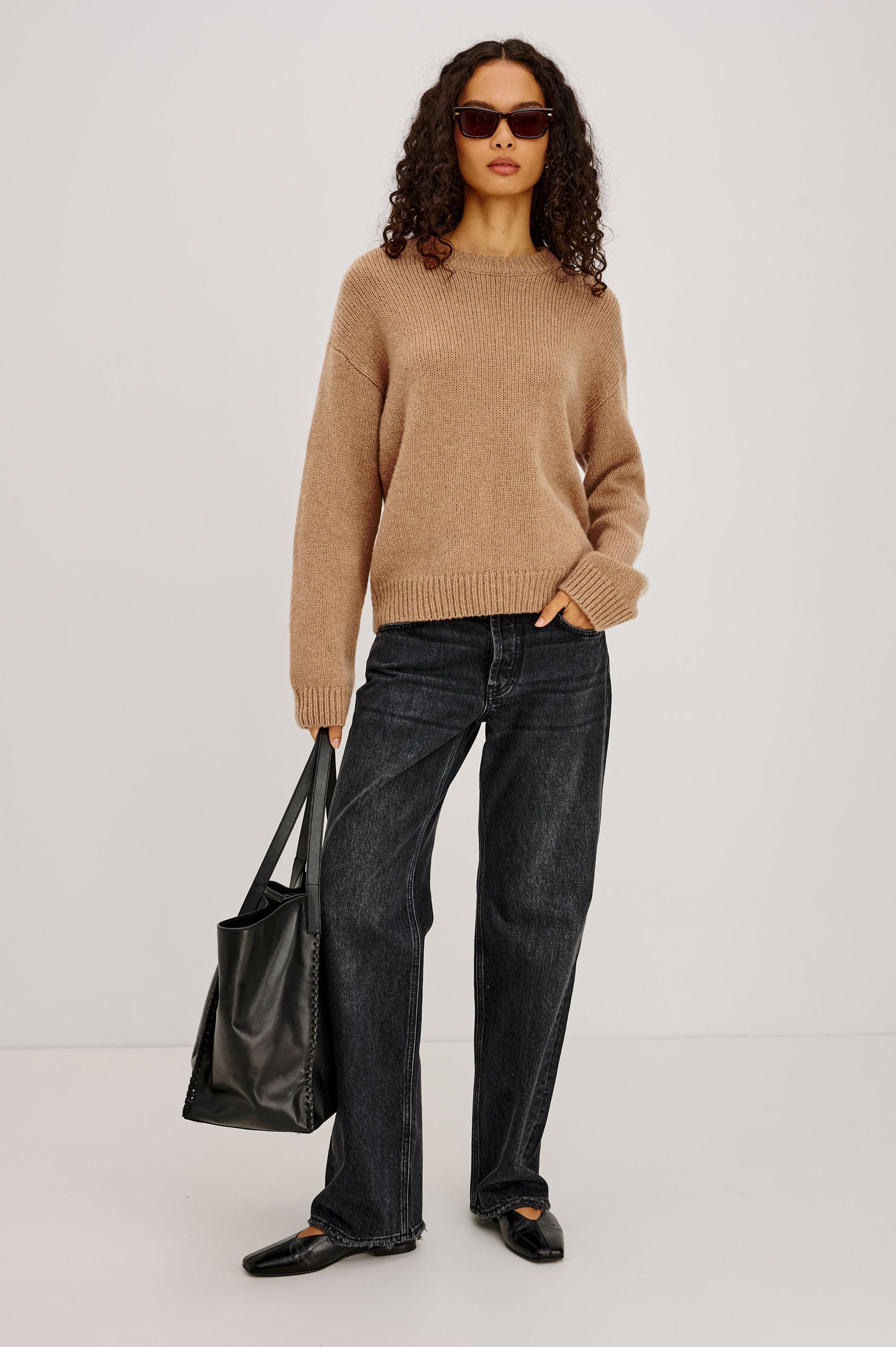 Helly Sweater in Wool-Cashmere Blend With Crew Neckline, Relaxed Boxy Slightly Cropped Fit, Long Sleeves, and Ribbed Trim in Heather Camel Colorway - Full Body Front View Featured on Model