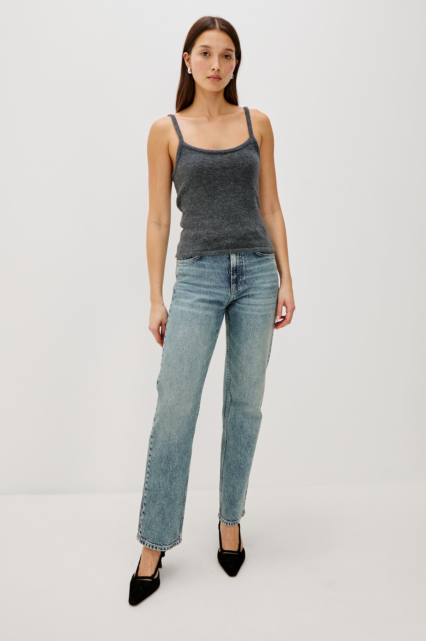 A knitted wool-blend tank top with a simple, classic fit in Charcoal Colorway. Full Body Front View featured on Model.