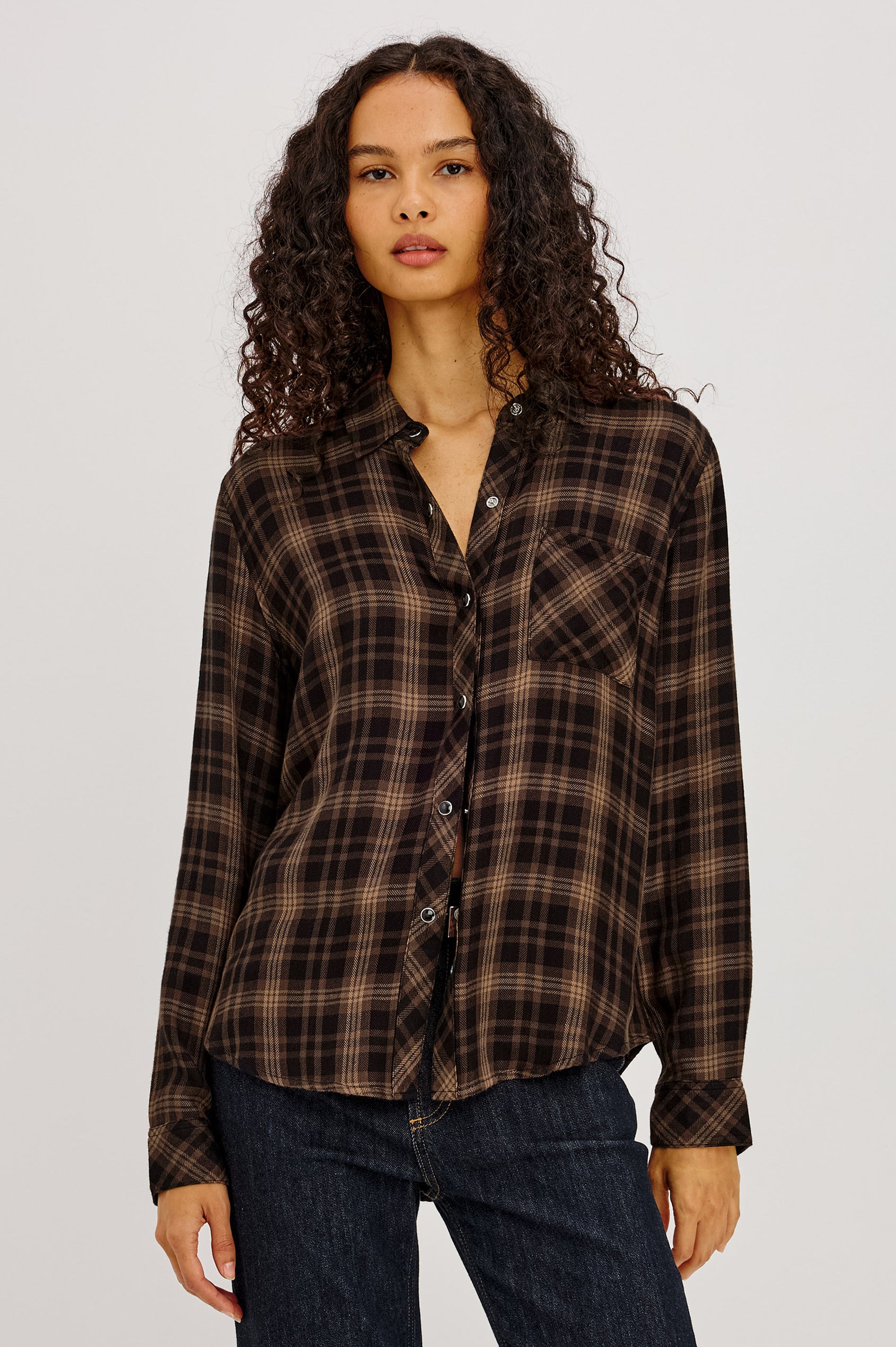 Hunter Button-Up Plaid Shirt in Signature Soft Rayon With Loose Twill Weave, With Collar and Long Sleeves in Almond Black Colorway - Upper Body Front View Featured on Model