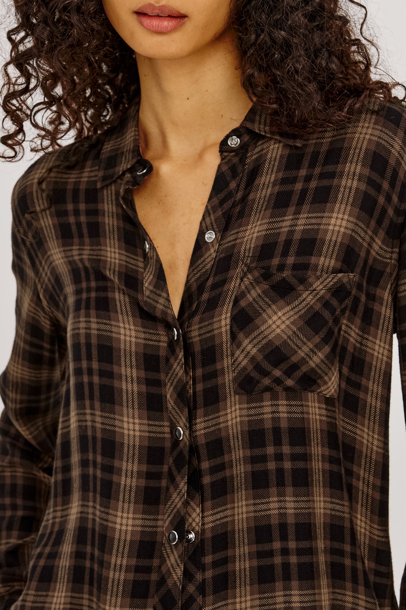 Hunter Button-Up Plaid Shirt in Signature Soft Rayon With Loose Twill Weave, With Collar and Long Sleeves in Almond Black Colorway - Upper Body Front View Featured on Model