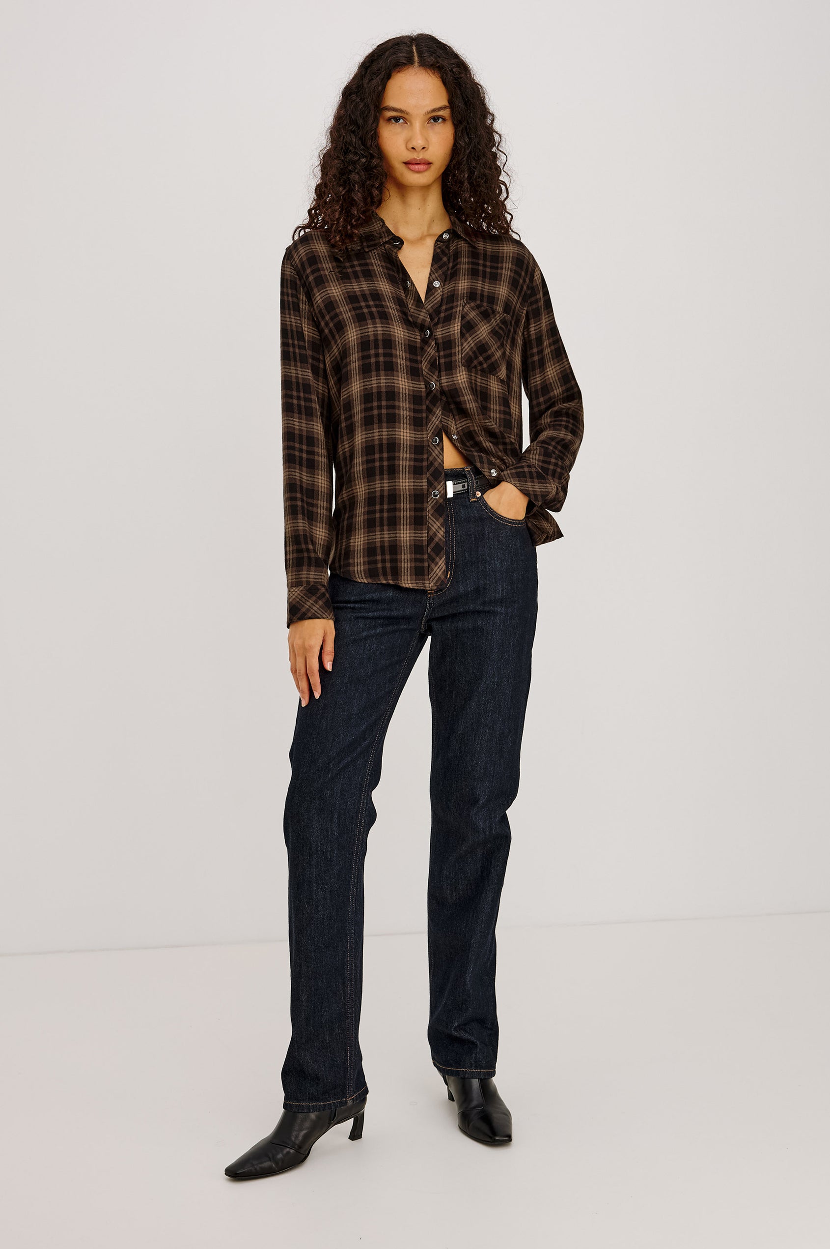 Hunter Button-Up Plaid Shirt in Signature Soft Rayon With Loose Twill Weave, With Collar and Long Sleeves in Almond Black Colorway - Full Body Front View Featured on Model