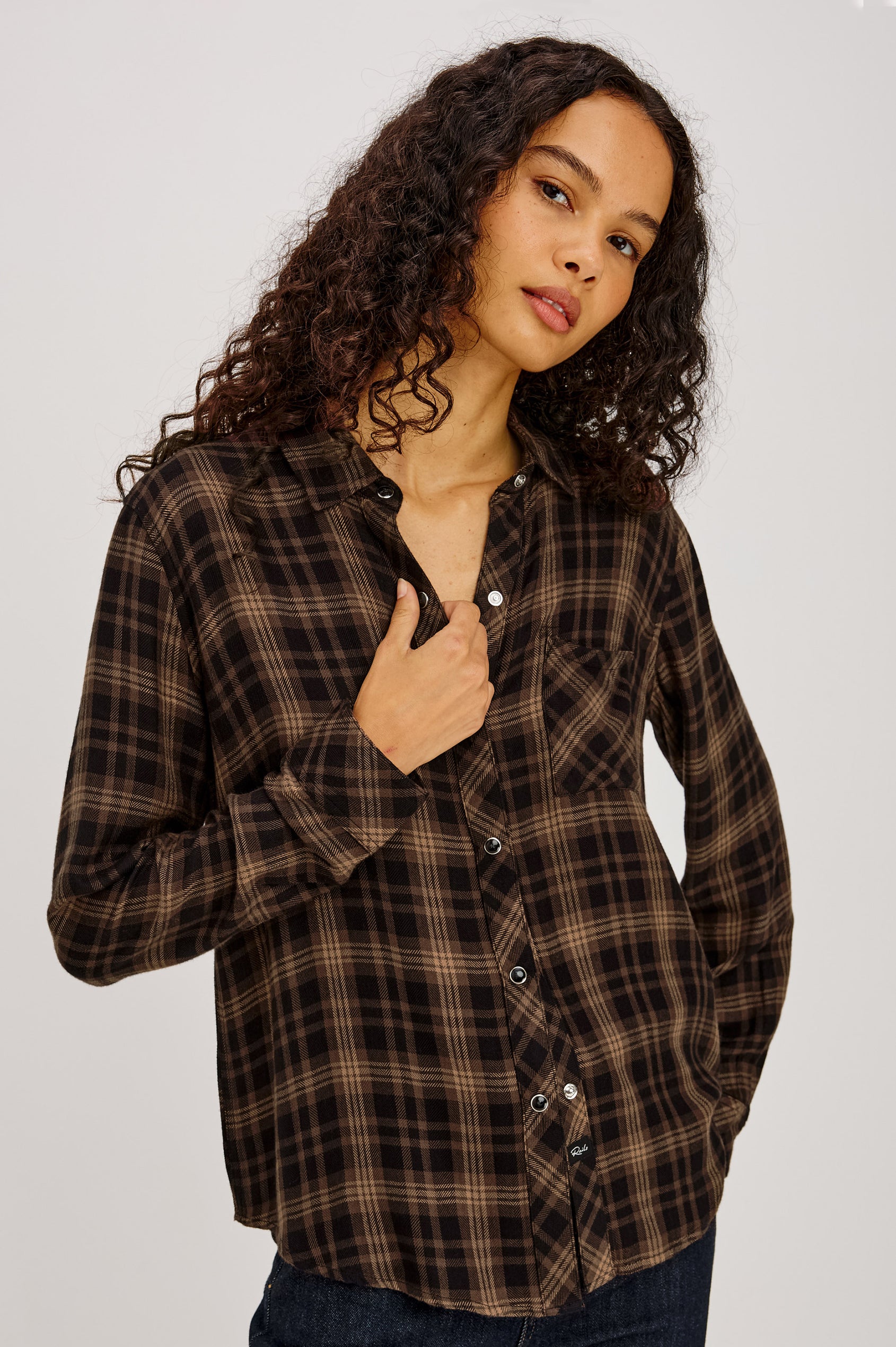 Hunter Button-Up Plaid Shirt in Signature Soft Rayon With Loose Twill Weave, With Collar and Long Sleeves in Almond Black Colorway - Upper Body Front View Featured on Model