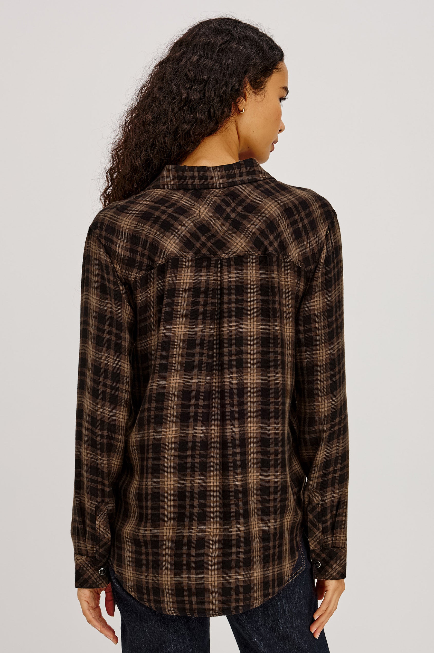 Hunter Button-Up Plaid Shirt in Signature Soft Rayon With Loose Twill Weave, With Collar and Long Sleeves in Almond Black Colorway - Upper Body Back View Featured on Model