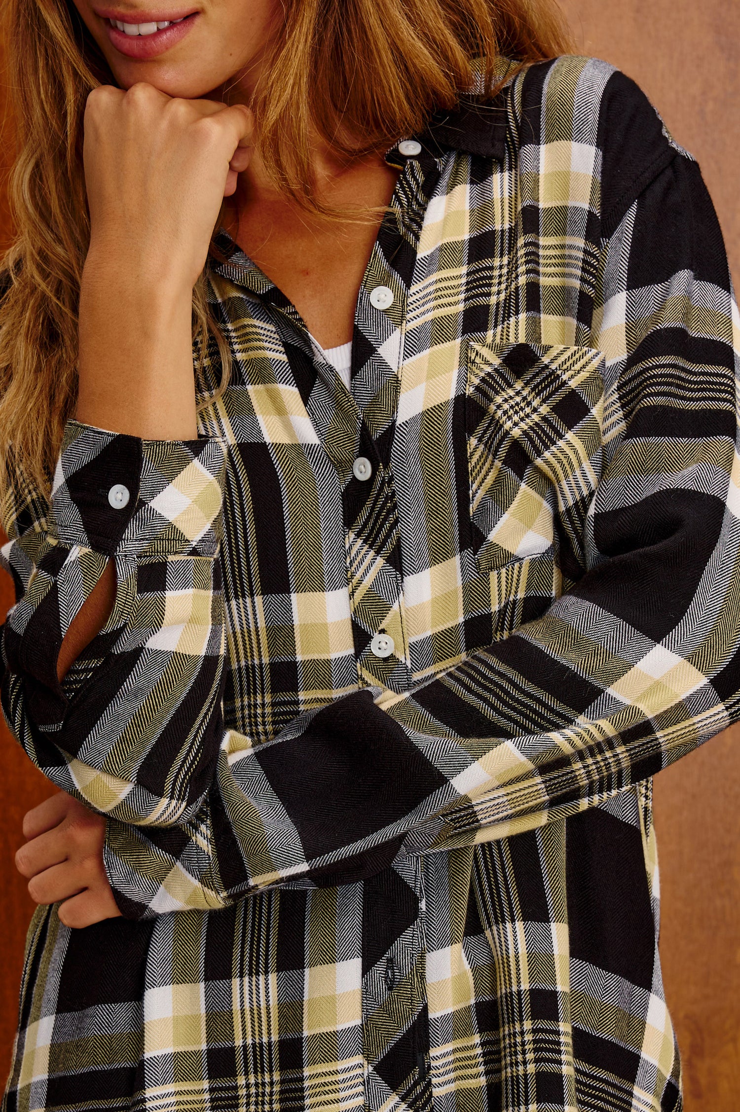 Hunter Plaid Button-Up Shirt in Signature Soft Rayon With Cashmere-Like Feel, Collar, Chest Patch Pocket, and Long Sleeves in Baseline Black Colorway - Upper Body Front View Featured on Model