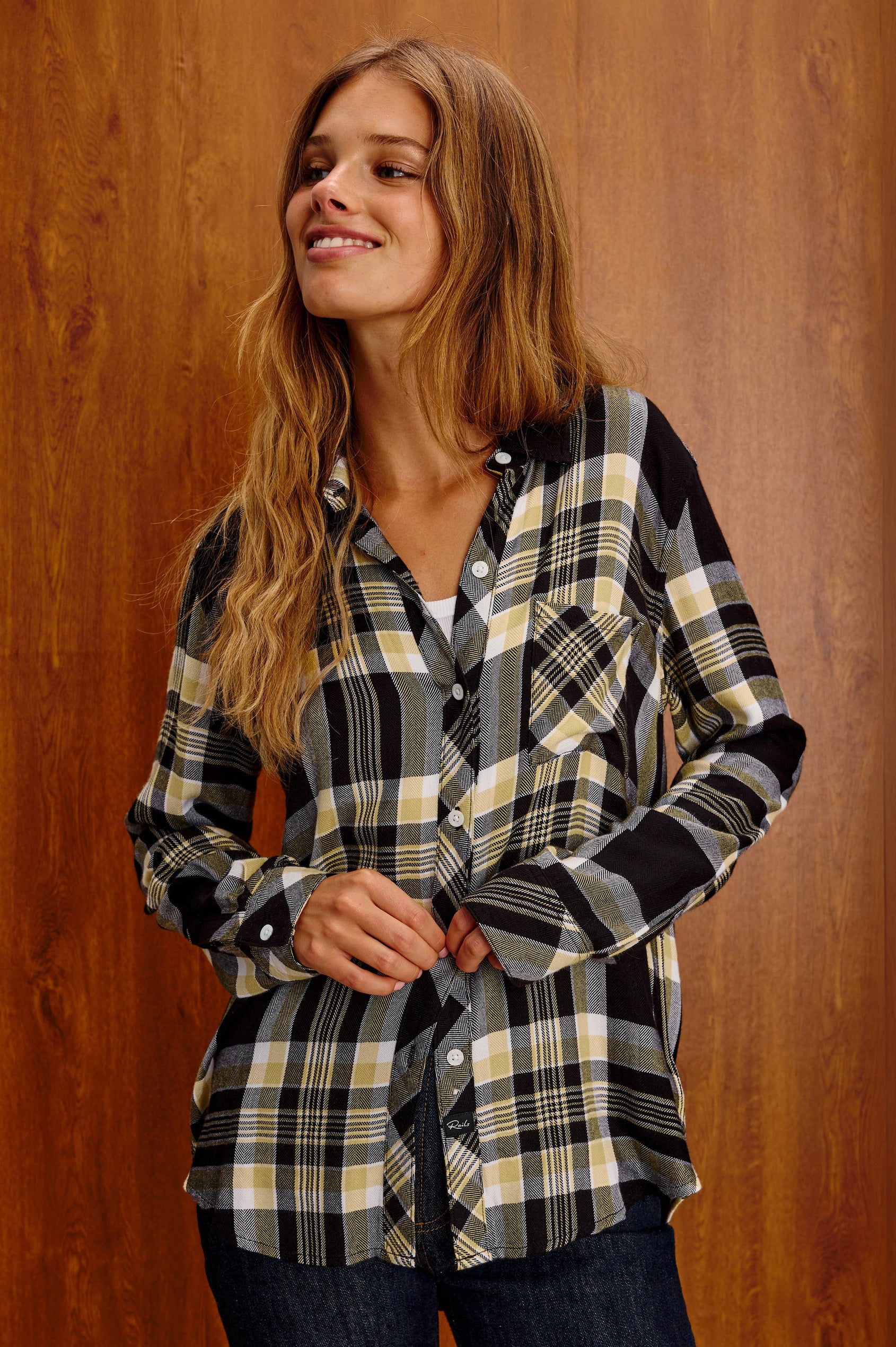 Hunter Plaid Button-Up Shirt in Signature Soft Rayon With Cashmere-Like Feel, Collar, Chest Patch Pocket, and Long Sleeves in Baseline Black Colorway - Upper Body Front View Featured on Model