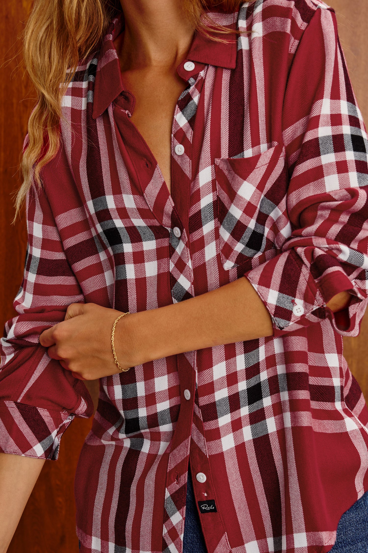 Hunter Plaid Button-Up Shirt in Signature Soft Rayon With Cashmere-Like Feel, Collar, Chest Patch Pocket, and Long Sleeves in Baseline Black Colorway - Mid Body Front Close Up View Featured on Model