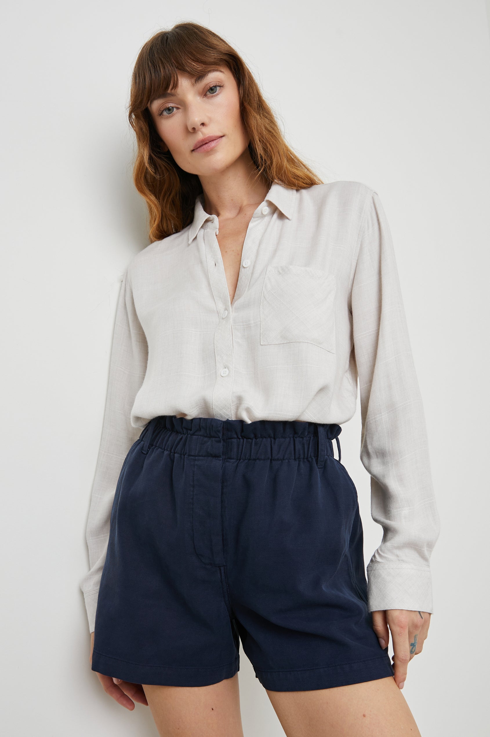 Hunter Long-Sleeve Button Up with a Chest Patch Pocket in Birch Heather Colorway - Front Tucked View Featured on Model