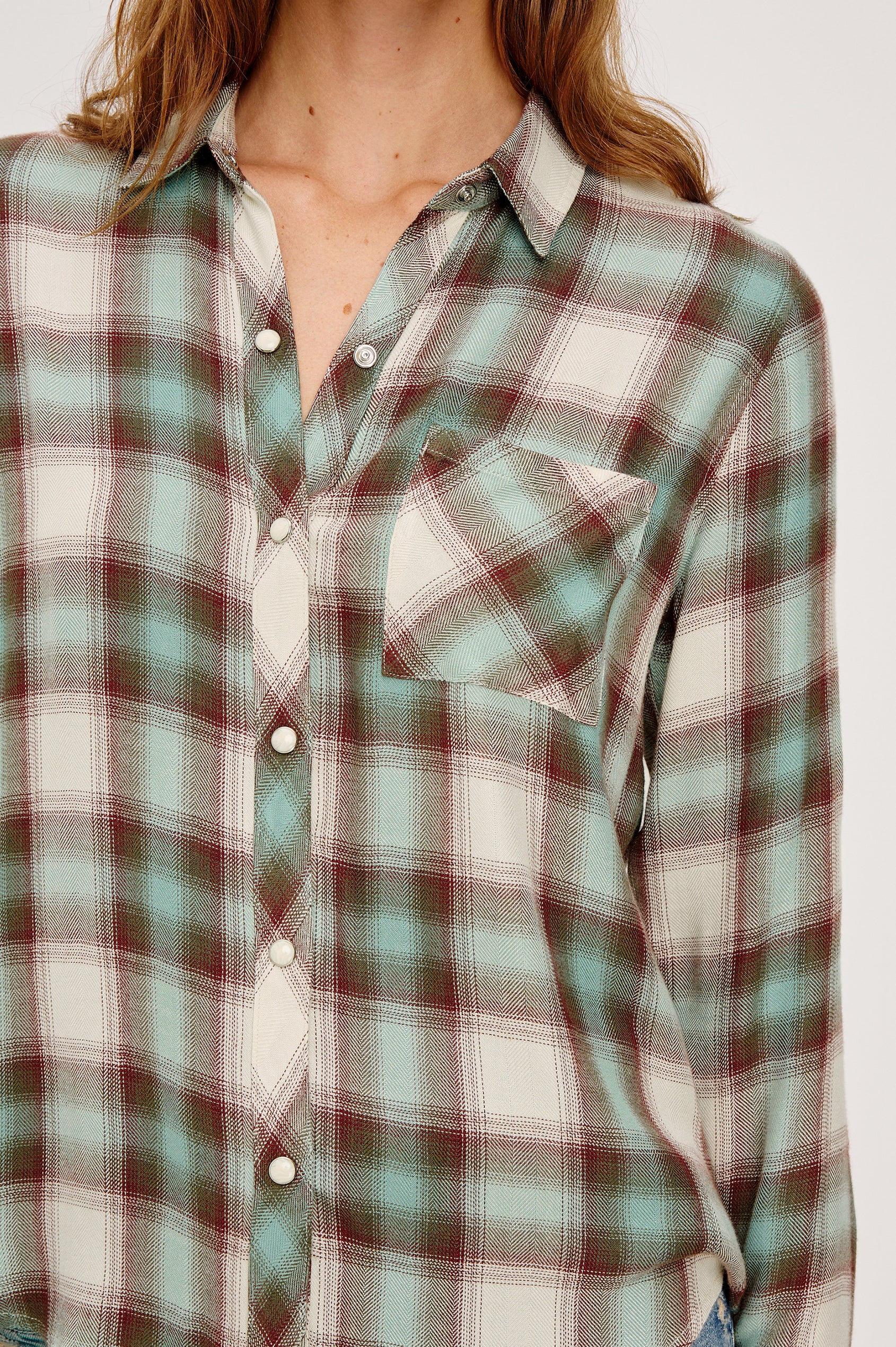 women's hunter green dress shirt Rails Hunter Shirt in Ivory Olive Teal L