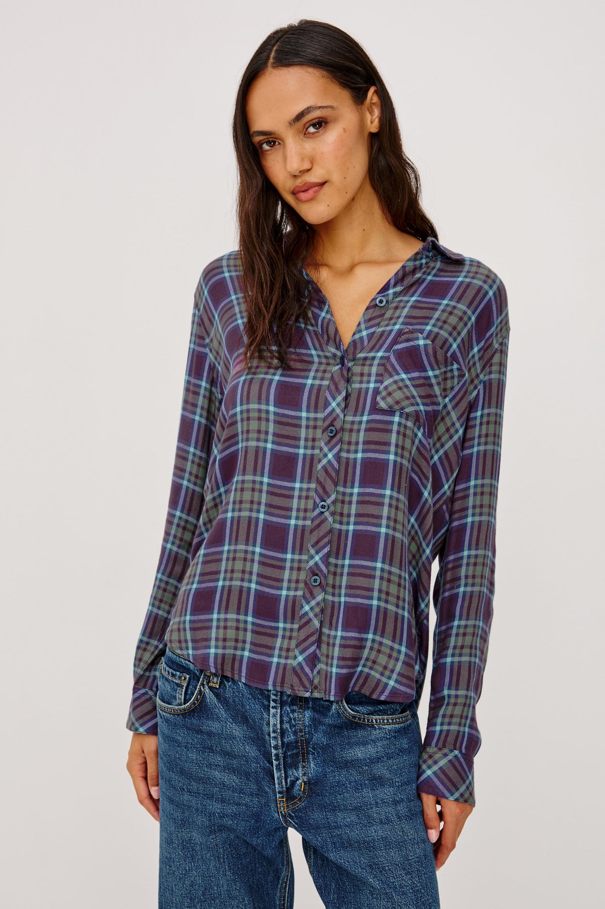Hunter Button-Up Shirt in Signature Rayon with a Soft Cashmere Feel, Collar, Front Buttons, Chest Patch Pocket, and Long Sleeves in Blackberry Sage Ice Colorway – Upper Body Front View Featured on Model