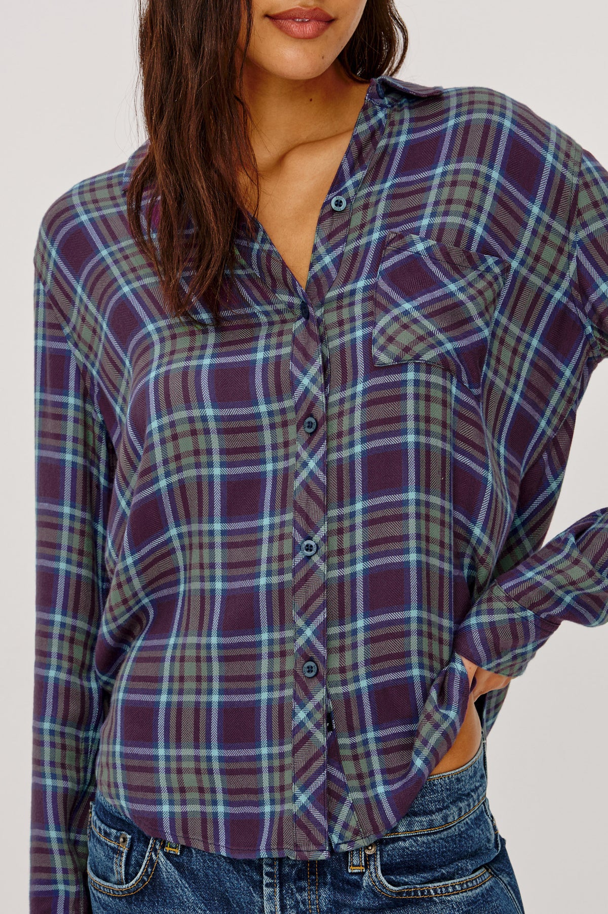 Hunter Button-Up Shirt in Signature Rayon with a Soft Cashmere Feel, Collar, Front Buttons, Chest Patch Pocket, and Long Sleeves in Blackberry Sage Ice Colorway – Detail Crop View Featured on Model