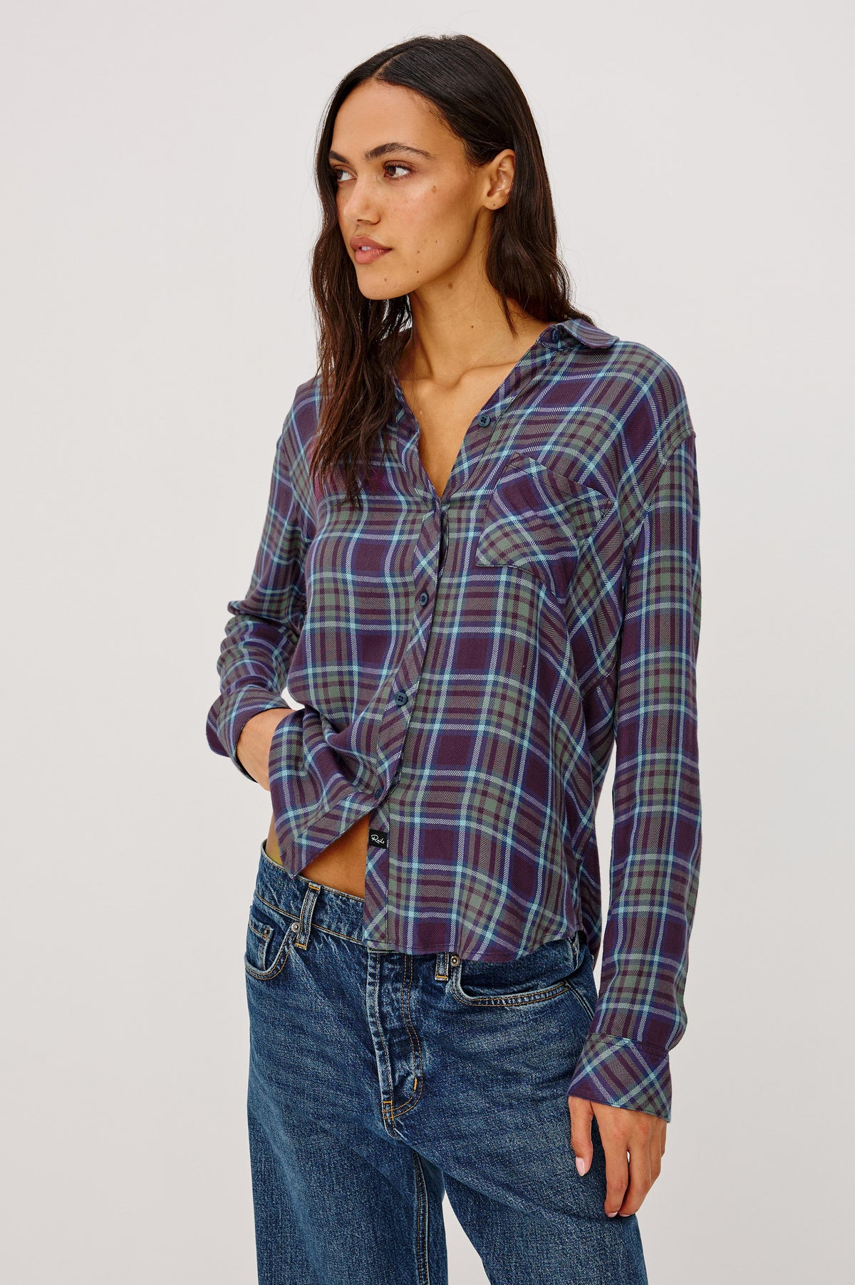 Hunter Button-Up Shirt in Signature Rayon with a Soft Cashmere Feel, Collar, Front Buttons, Chest Patch Pocket, and Long Sleeves in Blackberry Sage Ice Colorway – Crop Front View Featured on Model