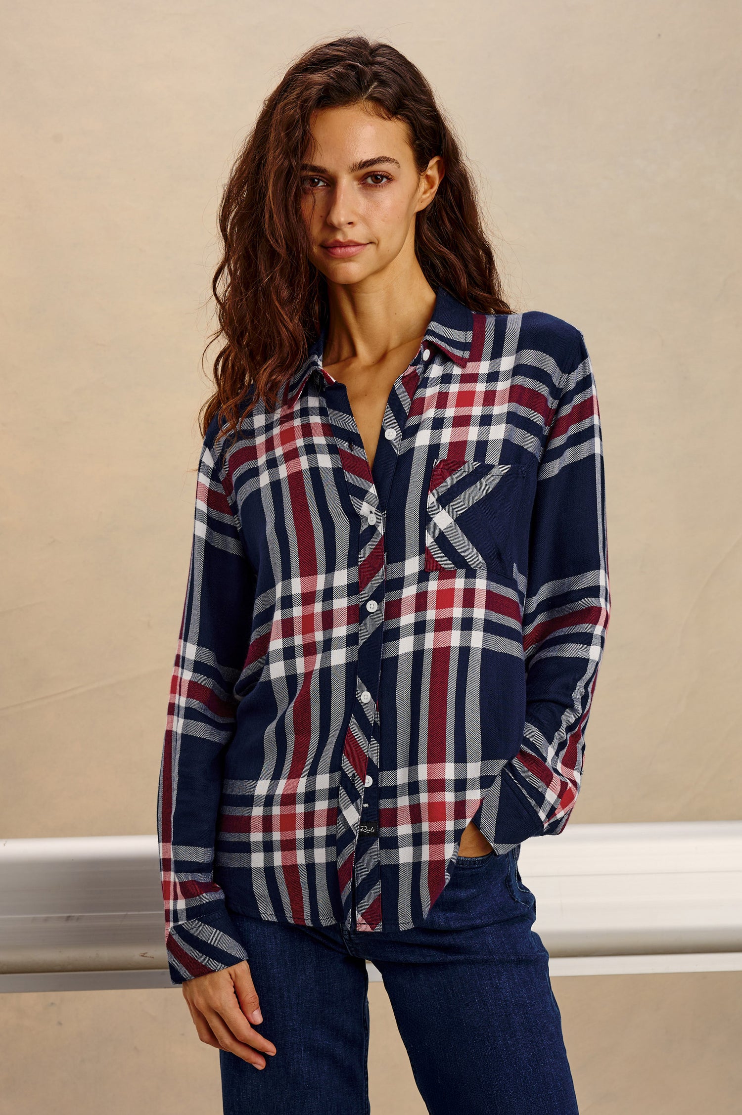 Hunter Plaid Button-Up Shirt in Signature Soft Rayon With Cashmere-Like Feel, Collar, Chest Patch Pocket, and Long Sleeves in Bleacher Blue Colorway - Full Body Front View Featured on Model Sitting