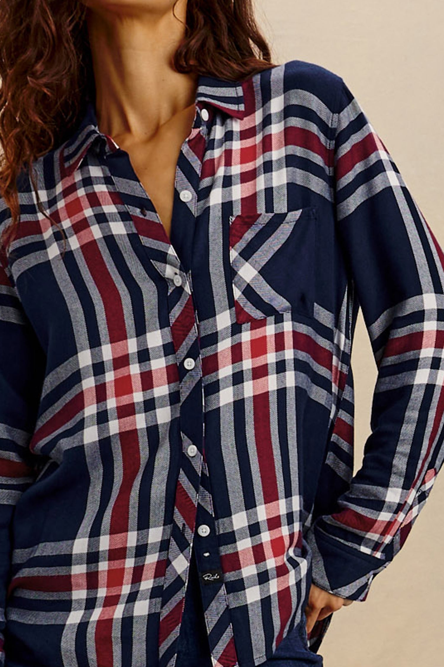 Hunter Plaid Button-Up Shirt in Signature Soft Rayon With Cashmere-Like Feel, Collar, Chest Patch Pocket, and Long Sleeves in Bleacher Blue Colorway - Upper Body Front Close Up View Featured on Model