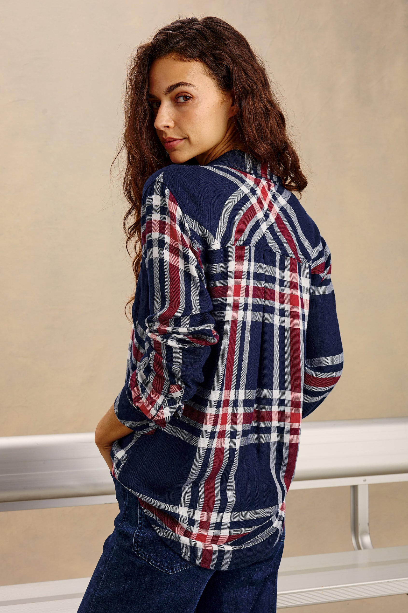 Hunter Plaid Button-Up Shirt in Signature Soft Rayon With Cashmere-Like Feel, Collar, Chest Patch Pocket, and Long Sleeves in Bleacher Blue Colorway - Upper Body Back View Featured on Model