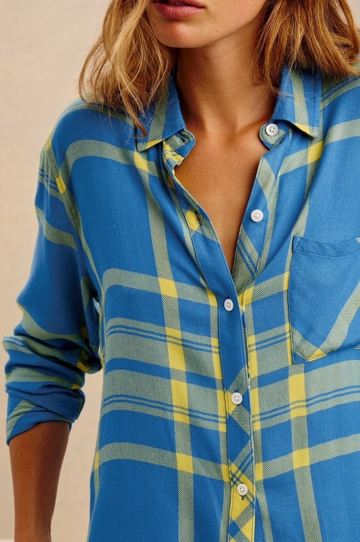 Hunter Plaid Button-Up Shirt in Signature Soft Rayon With Cashmere-Like Feel, Collar, Chest Patch Pocket, and Long Sleeves in Blitz Blue Colorway - Upper Body Front Close Up View Featured on Model