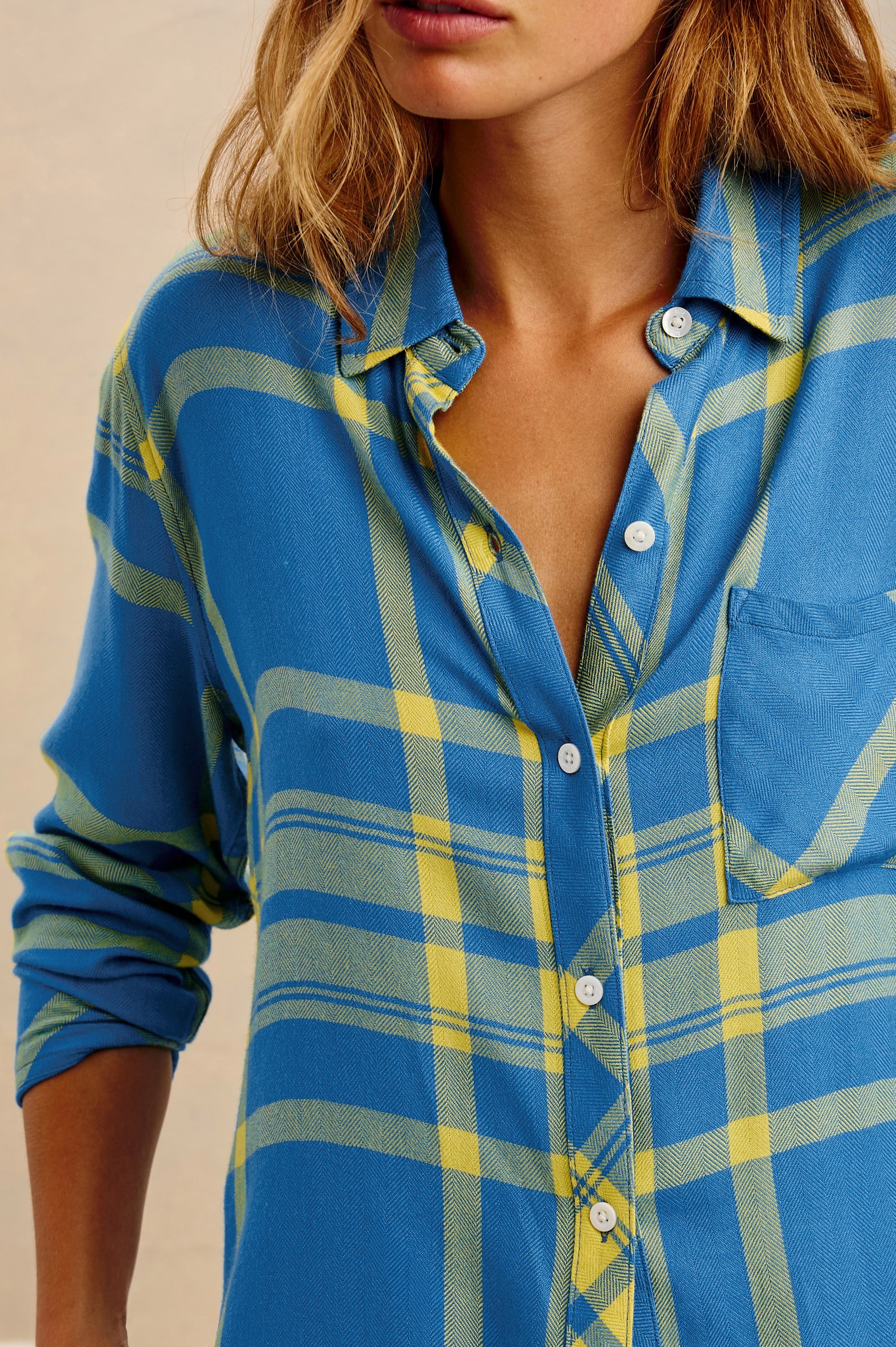 Hunter Plaid Button-Up Shirt in Signature Soft Rayon With Cashmere-Like Feel, Collar, Chest Patch Pocket, and Long Sleeves in Blitz Blue Colorway - Upper Body Front Close Up View Featured on Model
