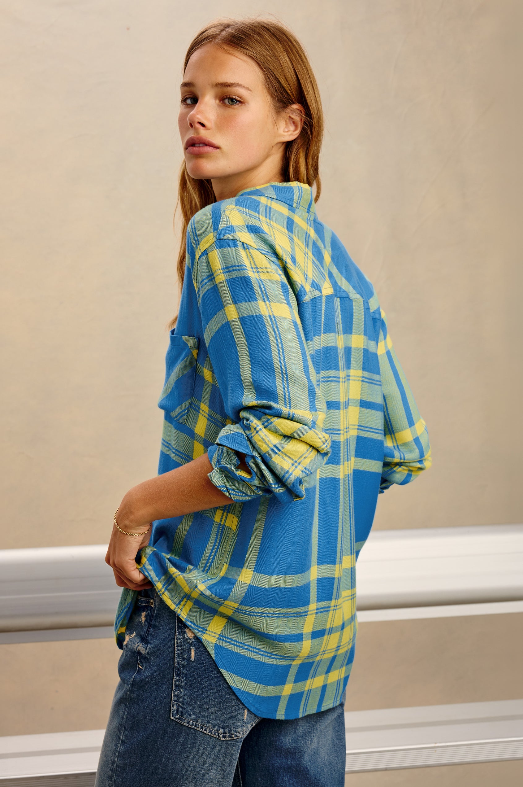 Hunter Plaid Button-Up Shirt in Signature Soft Rayon With Cashmere-Like Feel, Collar, Chest Patch Pocket, and Long Sleeves in Blitz Blue Colorway - Upper Body Back View Featured on Model