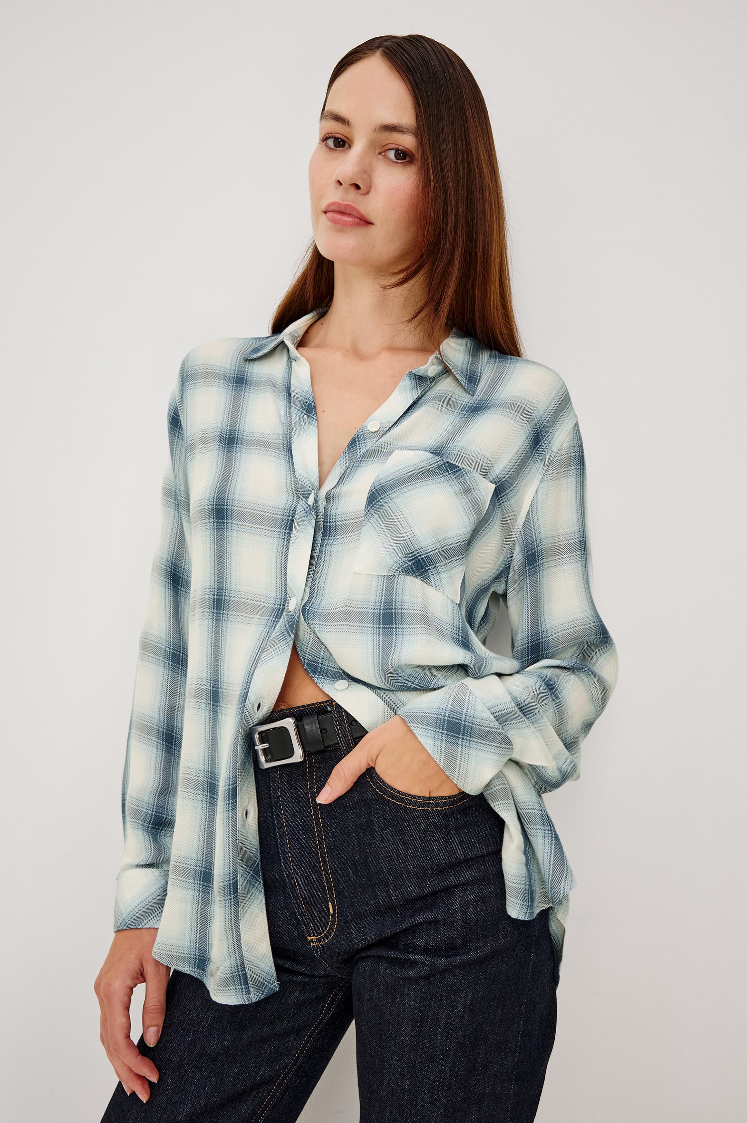 Hunter Button-Up Shirt in Signature Rayon With Collar, Front Buttons, Chest Patch Pocket, and Long Sleeves in Bluebell Ivory Plaid Colorway - Upper Body Front View Featured on Model