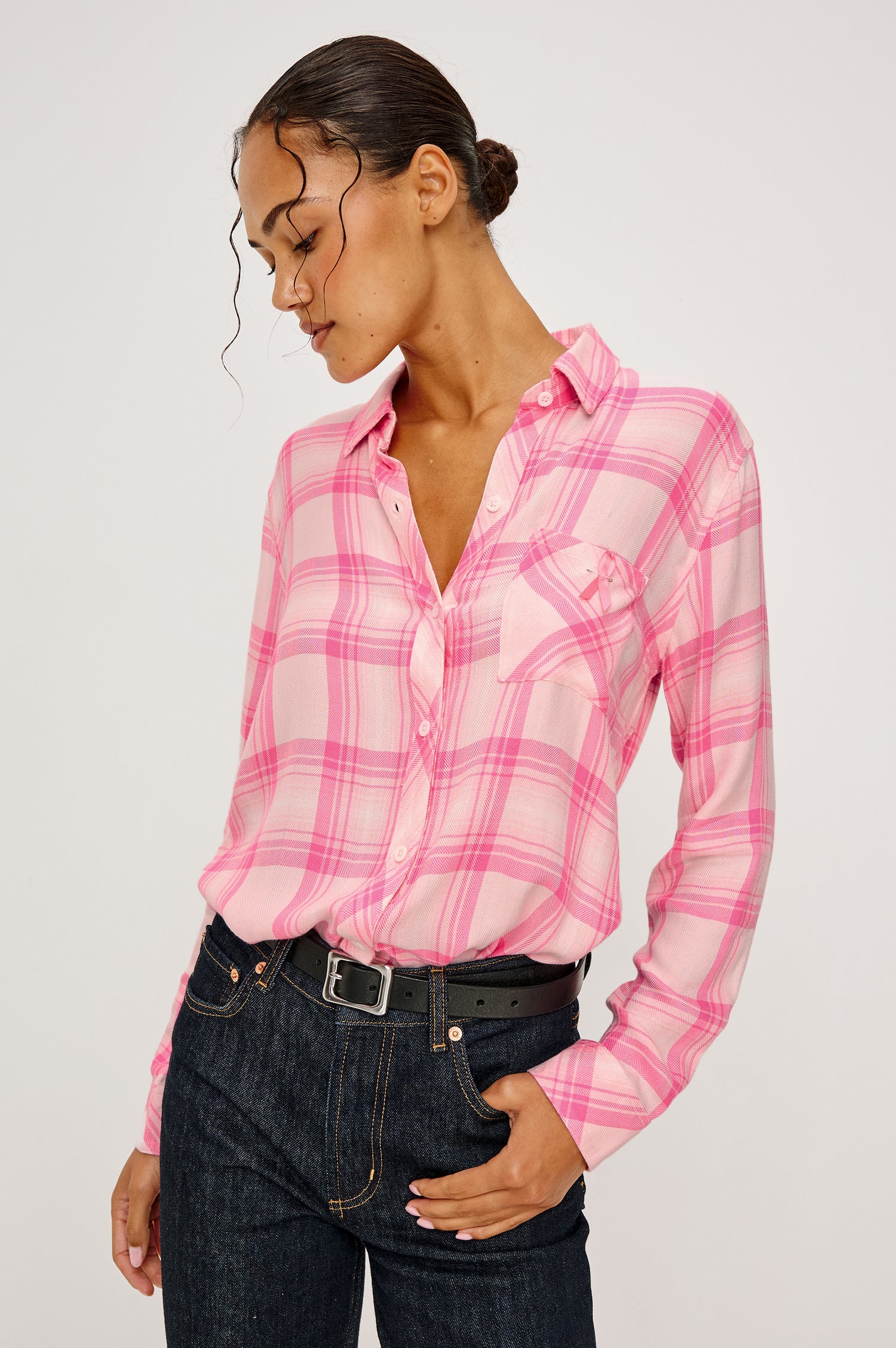 Hunter Long-Sleeve Button Up with a Chest Patch Pocket with pink ribbon in Brave Pink Colorway, Pink and White plaid - Front Tucked View Featured on Model