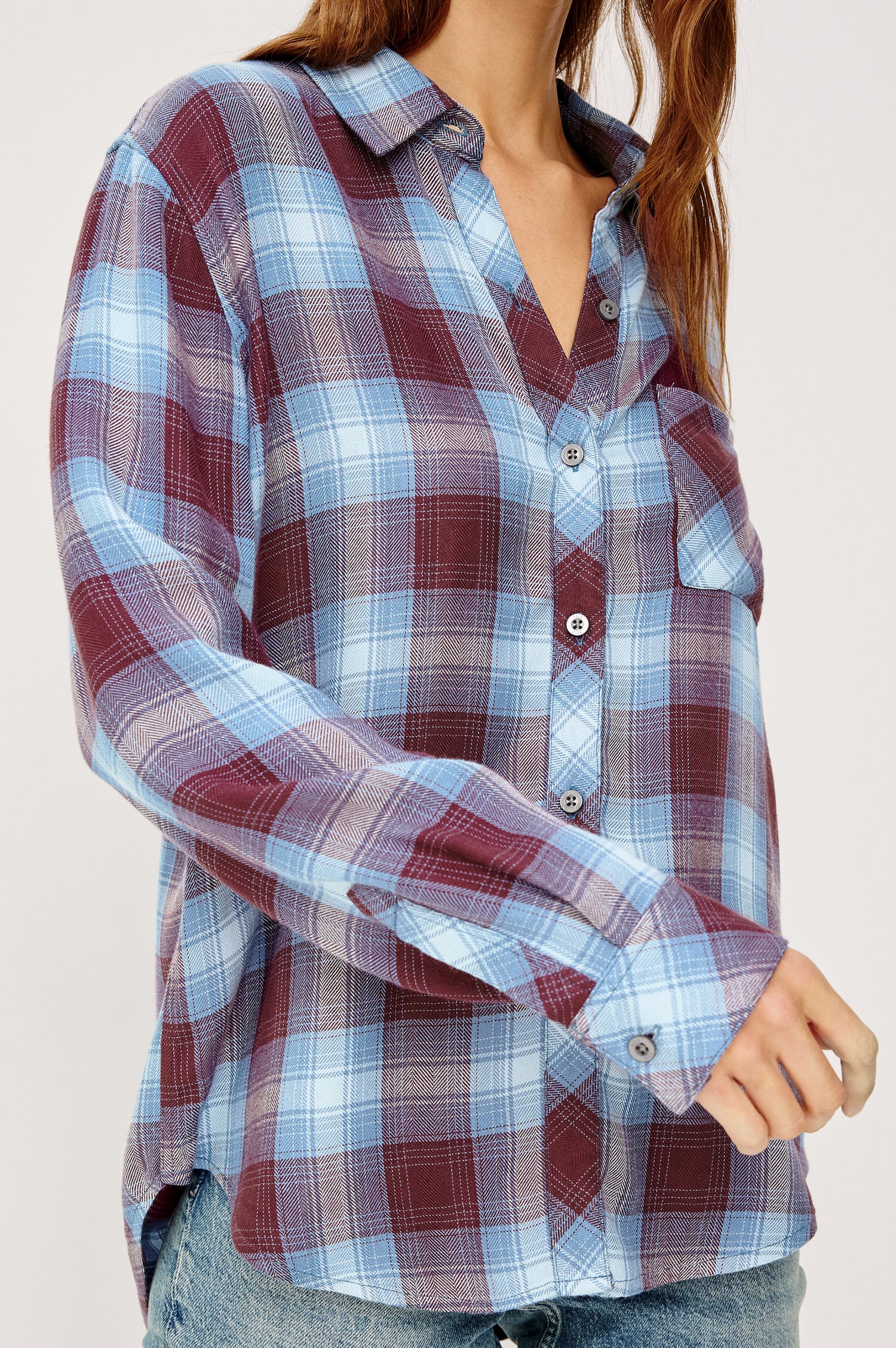 Hunter Button-Up Shirt in Signature Rayon With Collar, Front Buttons, Chest Patch Pocket, and Long Sleeves in Ceruclean Mulberry Plaid Colorway - Mid Body Close Up View Featured on Model