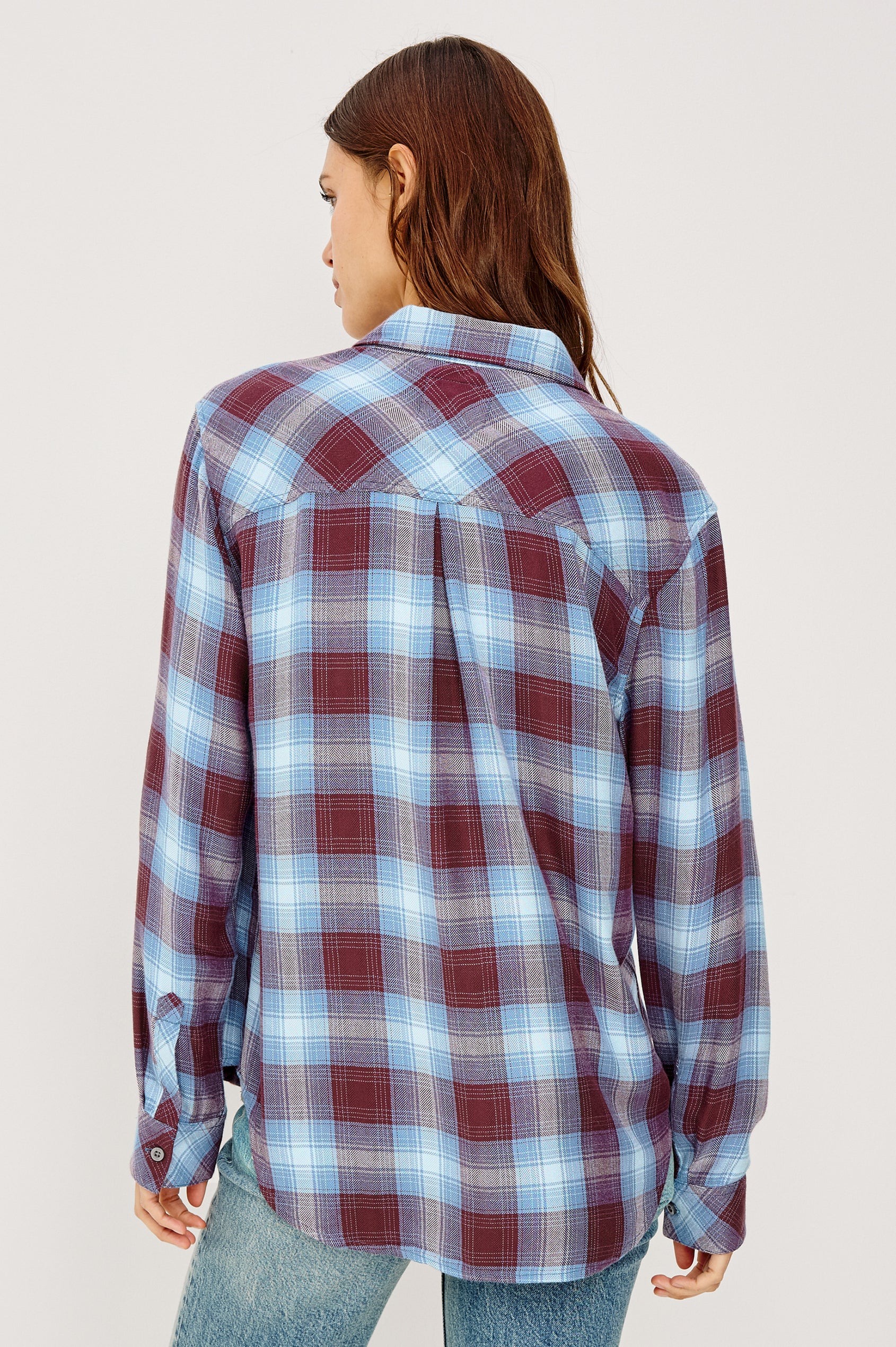 Hunter Button-Up Shirt in Signature Rayon With Collar, Front Buttons, Chest Patch Pocket, and Long Sleeves in Ceruclean Mulberry Plaid Colorway - Upper Body Back View Featured on Model