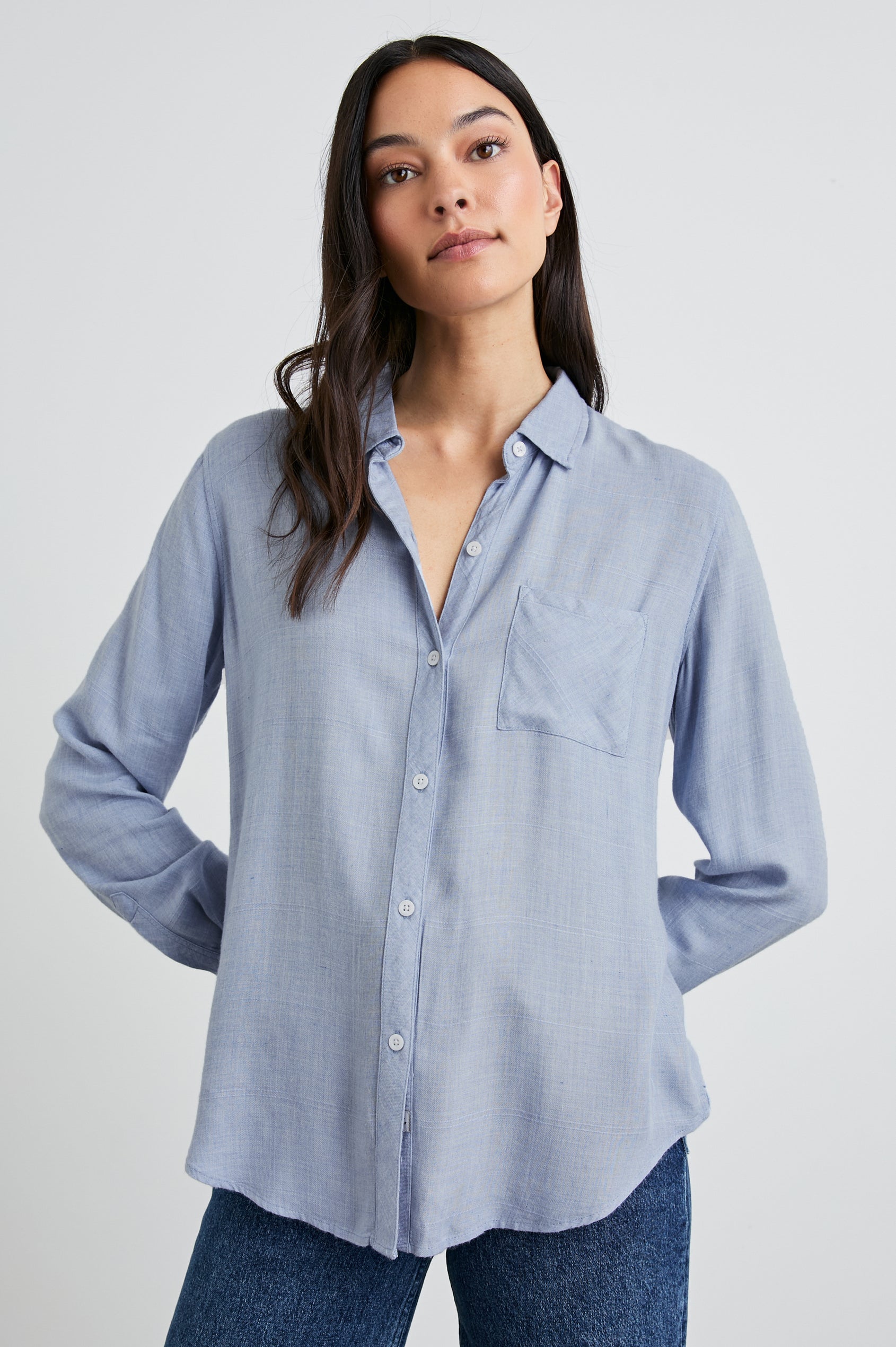 chambray dress shirt Stretch for Tall Women in Mid Blue Chambray XL / Extra Tall / Mid Blue Chambray Available in a wide range of sizes Pecos Chambray Shirt / Washed