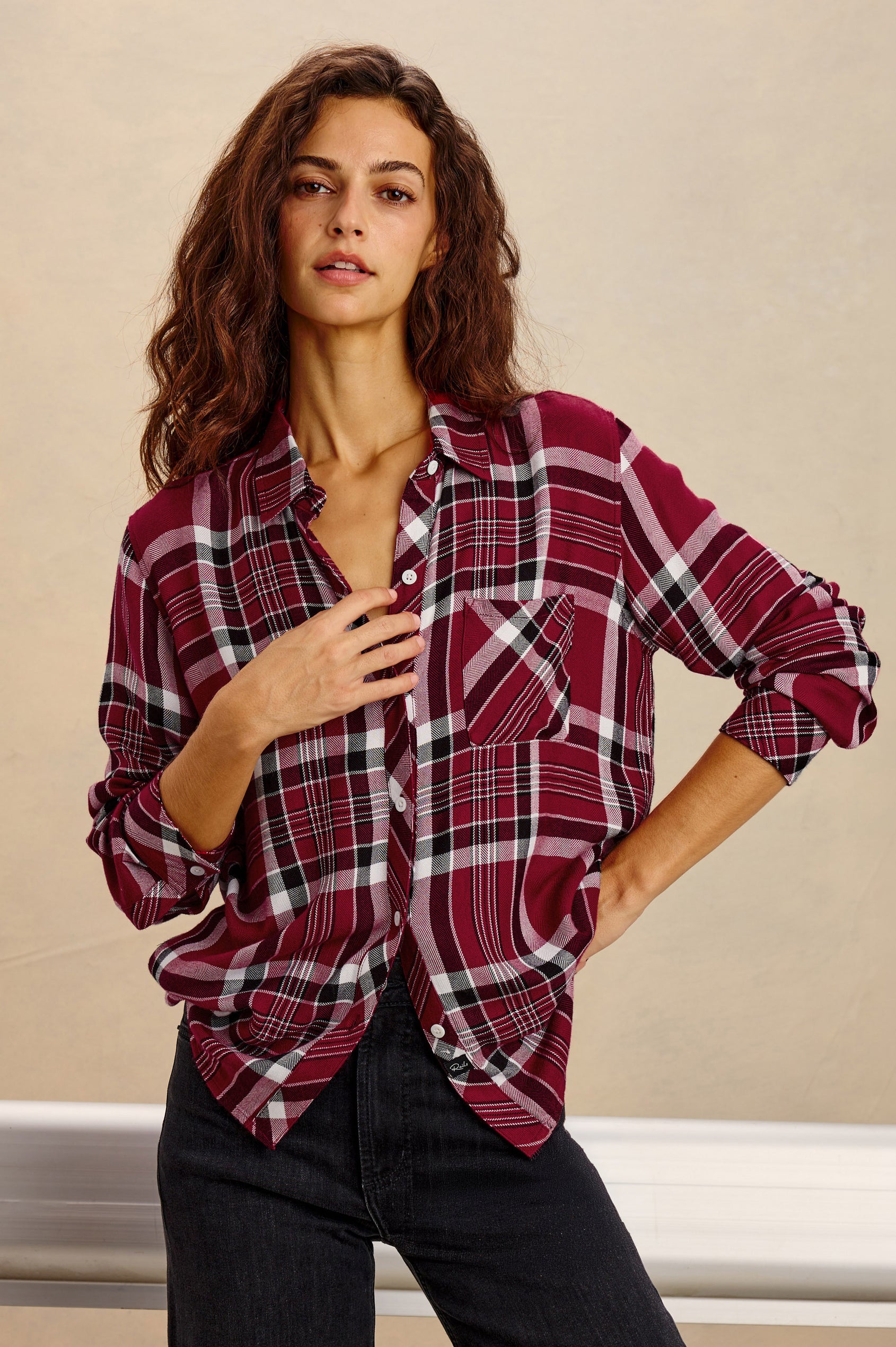 Hunter Plaid Button-Up Shirt in Signature Soft Rayon With Cashmere-Like Feel, Collar, Chest Patch Pocket, and Long Sleeves in Champion Crimson Colorway - Upper Body Front View Featured on Model