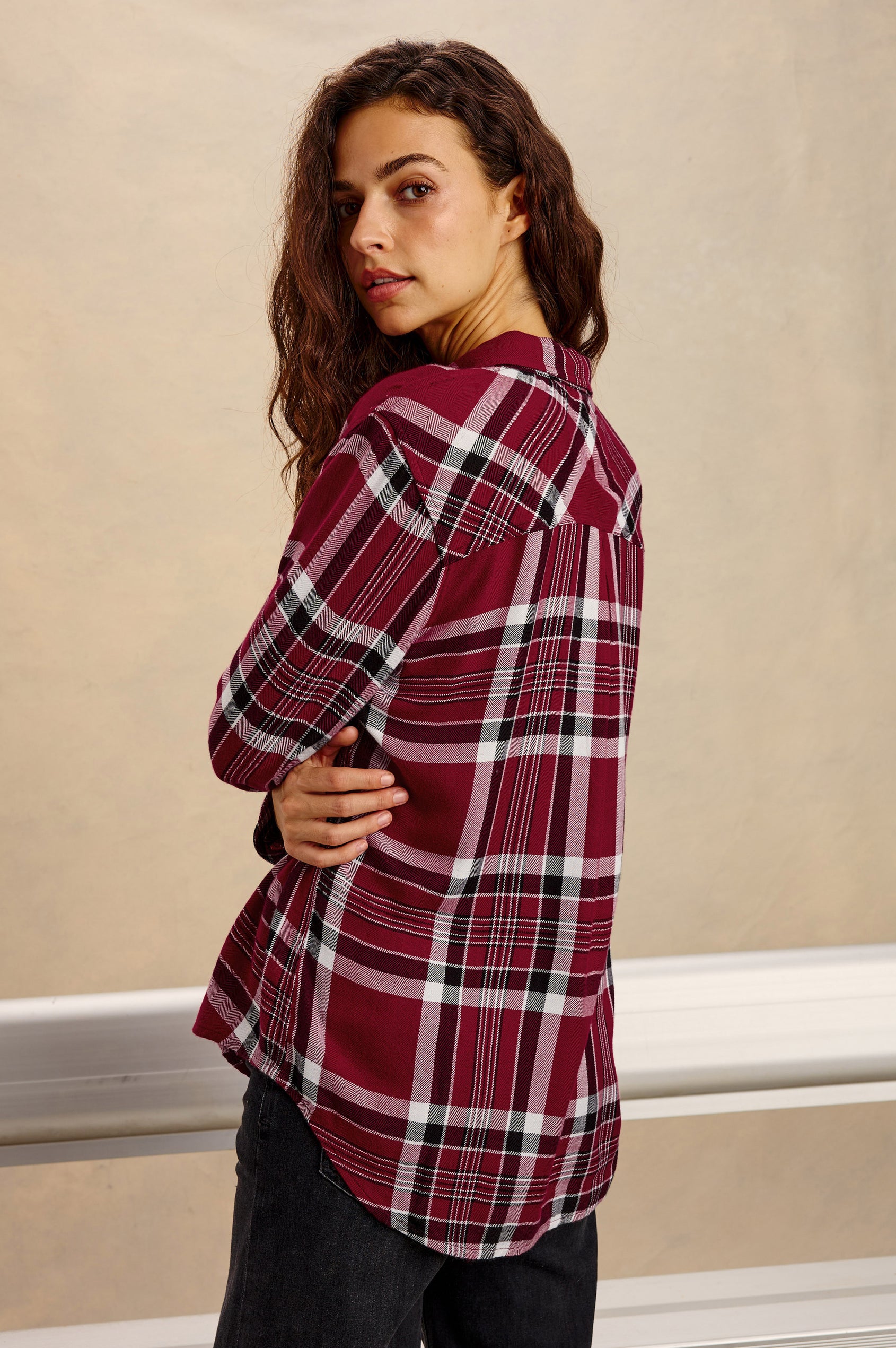 Hunter Plaid Button-Up Shirt in Signature Soft Rayon With Cashmere-Like Feel, Collar, Chest Patch Pocket, and Long Sleeves in Champion Crimson Colorway - Upper Body Back View Featured on Model