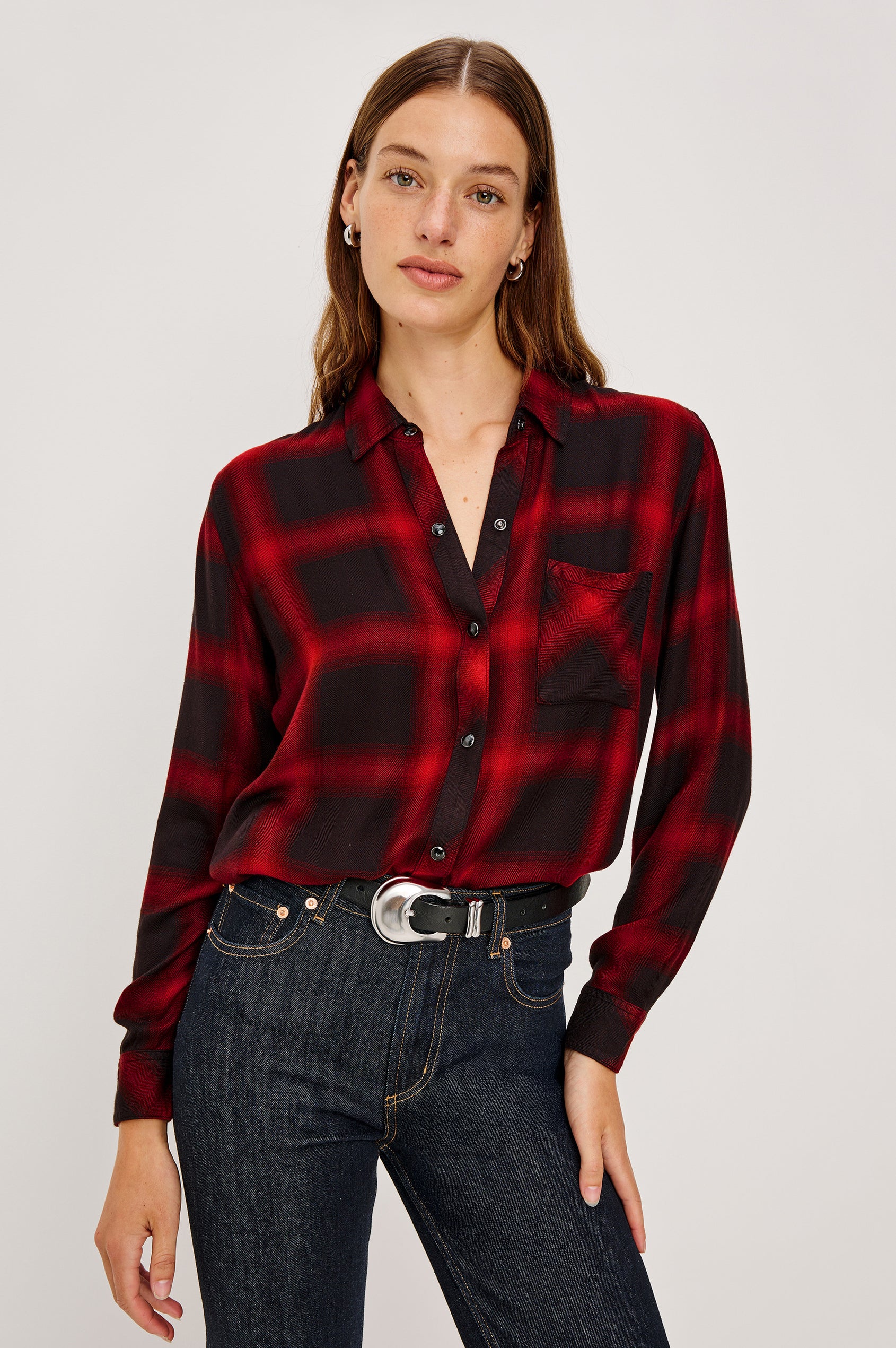 Hunter Long-Sleeve Button Up with snaps and a Chest Patch Pocket in Diffused Cardinal Black Colorway, plaid  - Front Buttoned View Featured on Model