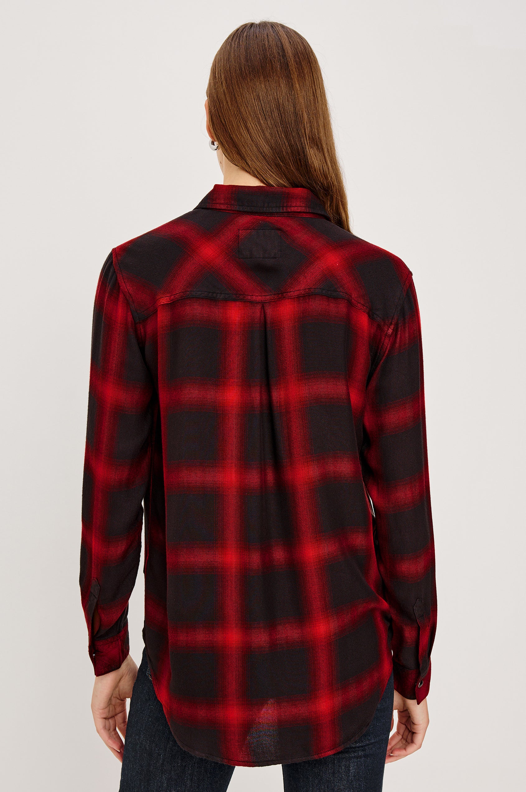 Hunter Long-Sleeve Button Up with snaps and a Chest Patch Pocket in Diffused Cardinal Black Colorway, plaid  - Back View Featured on Model