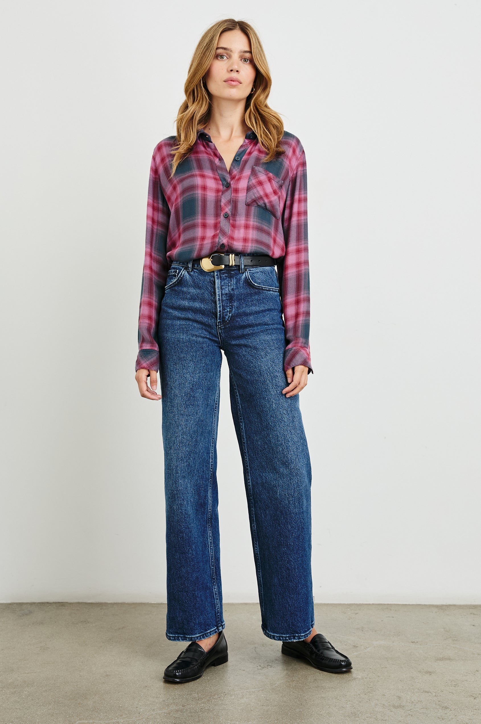 Hunter Long-Sleeve Button Up with a Chest Patch Pocket in Dusty Mauve Evergreen Colorway, plaid - Front Tucked Full Body View Featured on Model