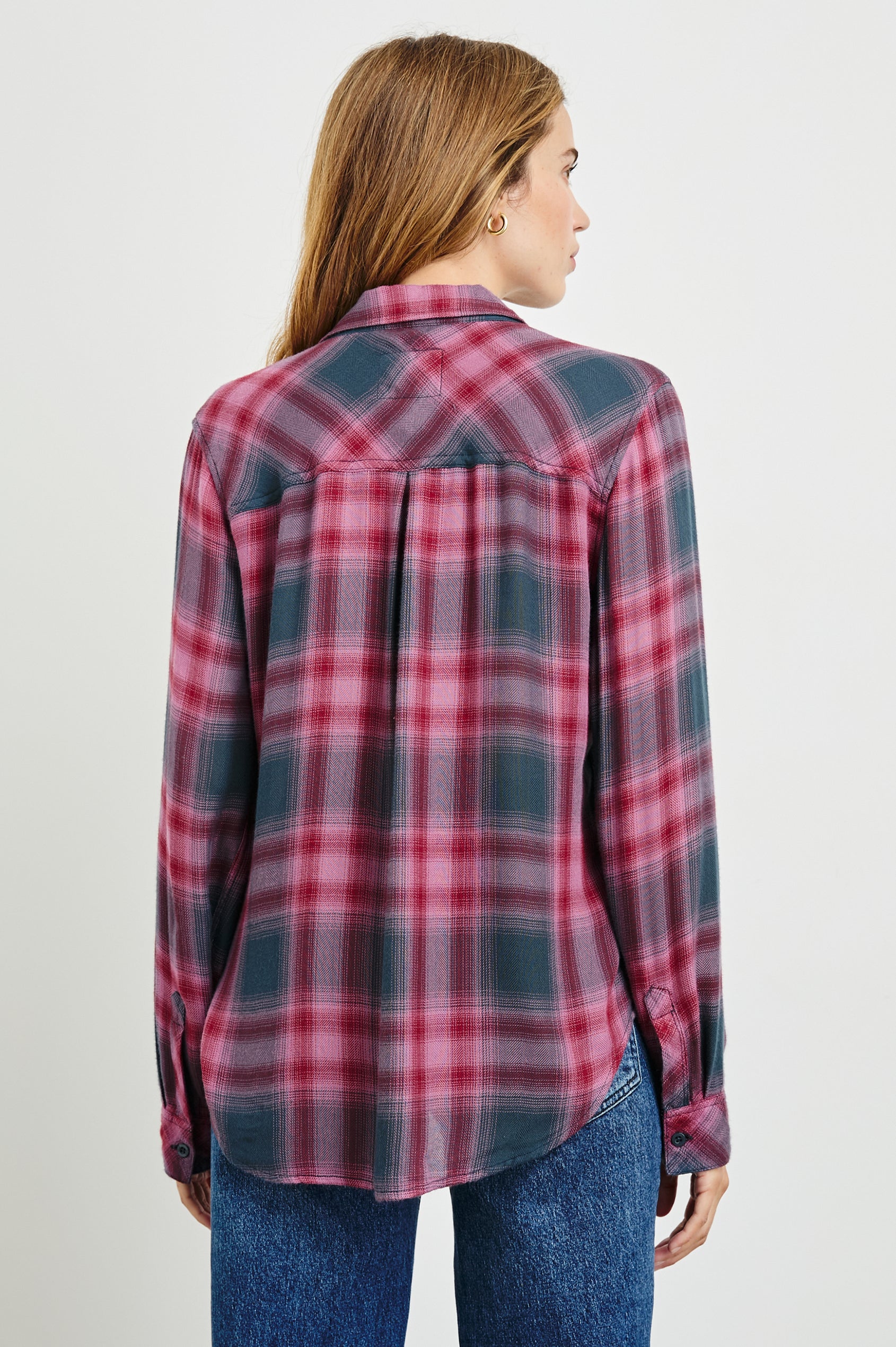 Hunter Long-Sleeve Button Up with a Chest Patch Pocket in Dusty Mauve Evergreen Colorway, plaid - Back View Featured on Model