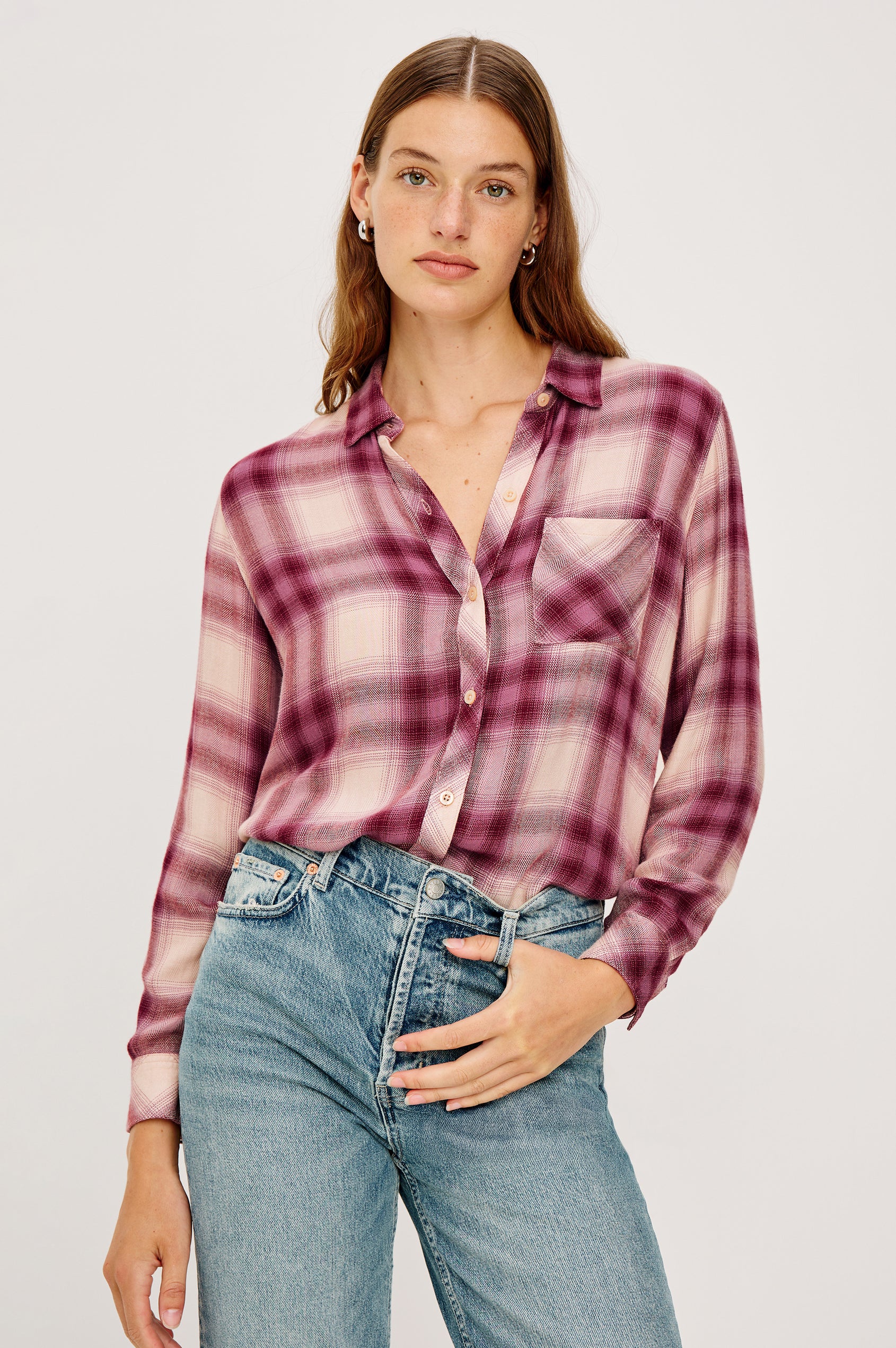 Hunter Long-Sleeve Button Up with a Chest Patch Pocket in Faded Plum Ivory Colorway, plaid  - Front View Featured on Model