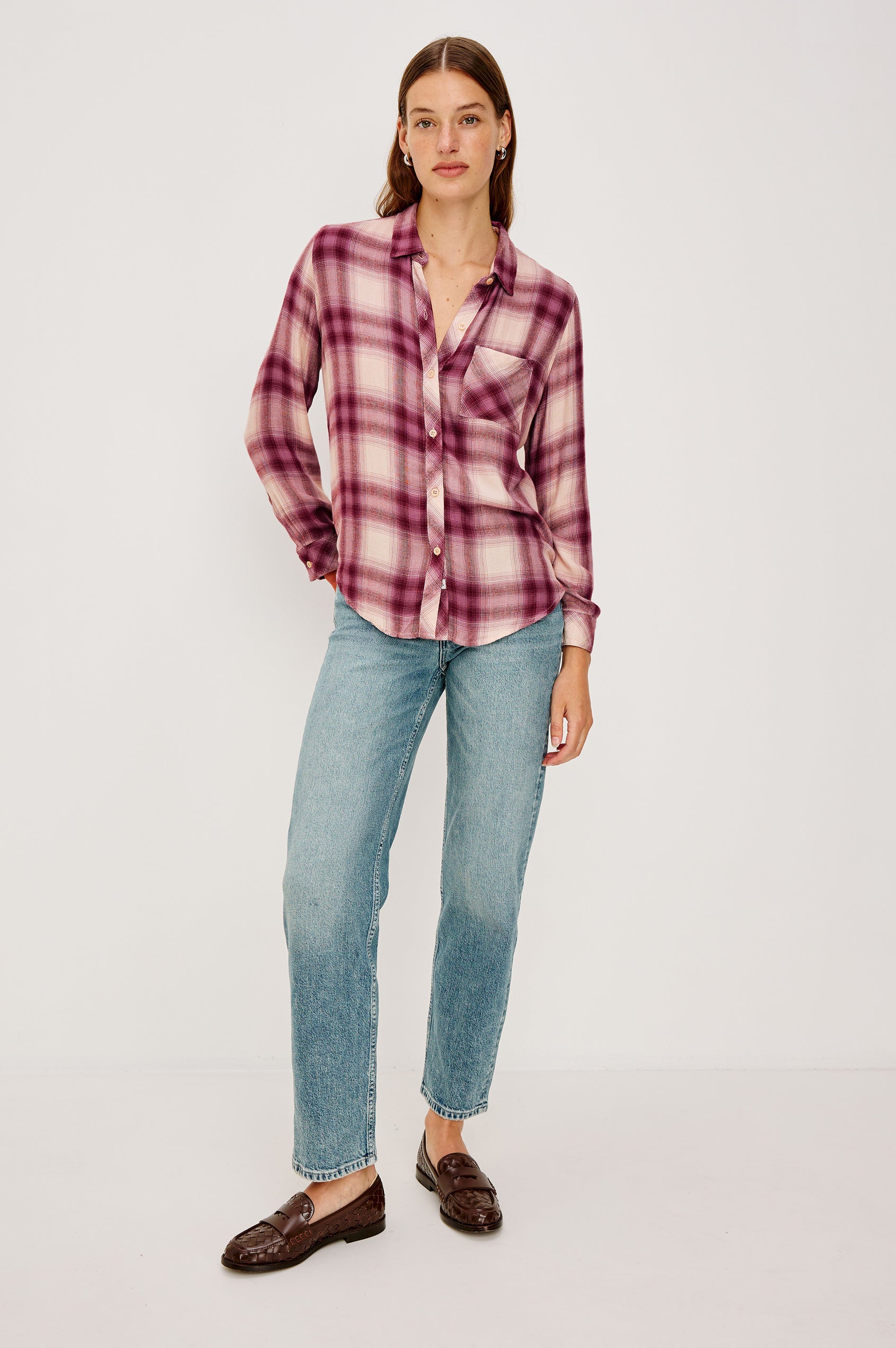 Hunter Long-Sleeve Button Up with a Chest Patch Pocket in Faded Plum Ivory Colorway, plaid  - Full Body Front View Featured on Model