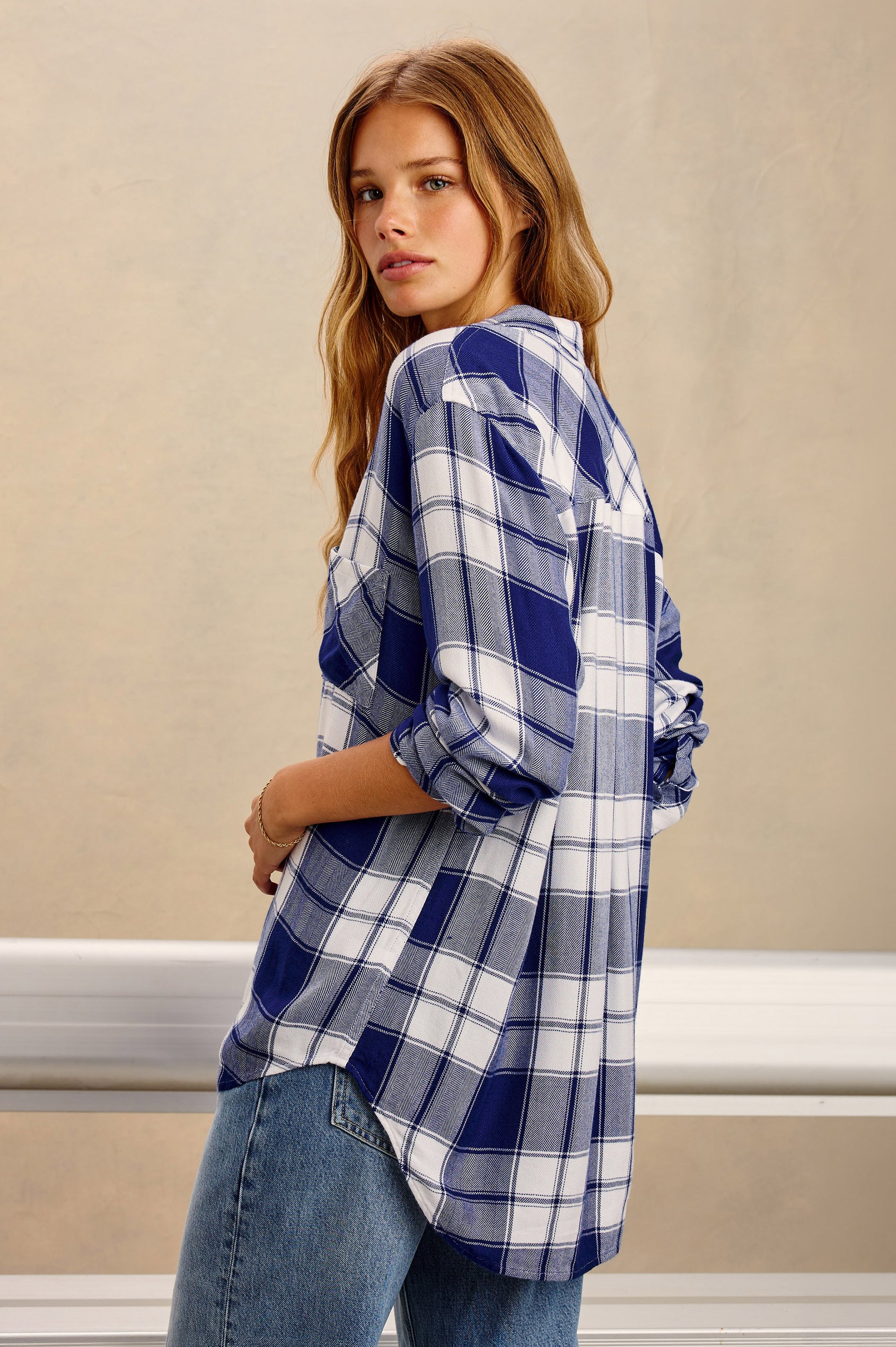 Hunter Plaid Button-Up Shirt in Signature Soft Rayon With Cashmere-Like Feel, Collar, Chest Patch Pocket, and Long Sleeves in Friday Night Navy Colorway - Upper Body Back View Featured on Model