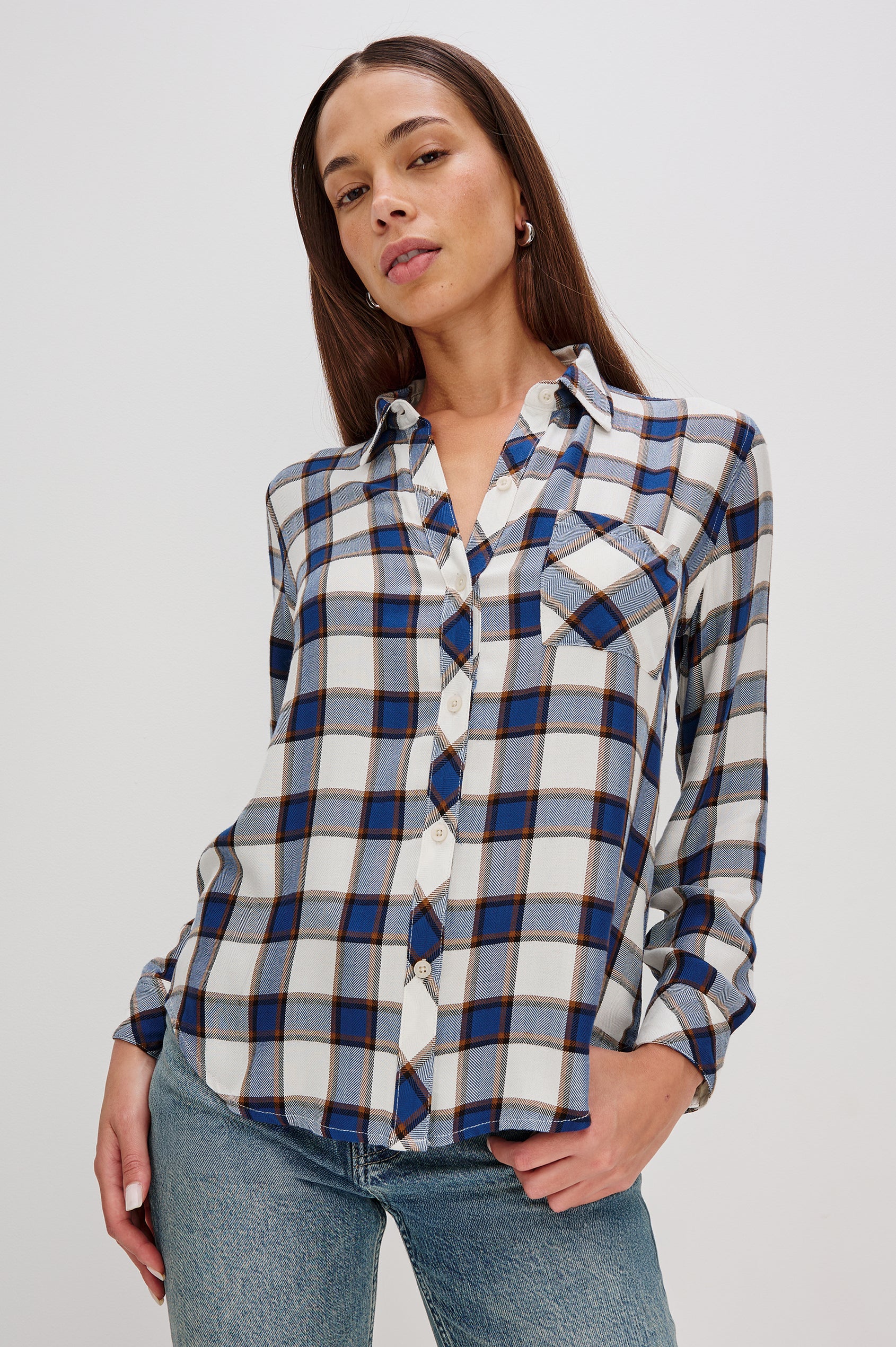 Hunter Long-Sleeve Button Up with a Chest Patch Pocket in Golden Cobalt Colorway, plaid - Front View Featured on Model
