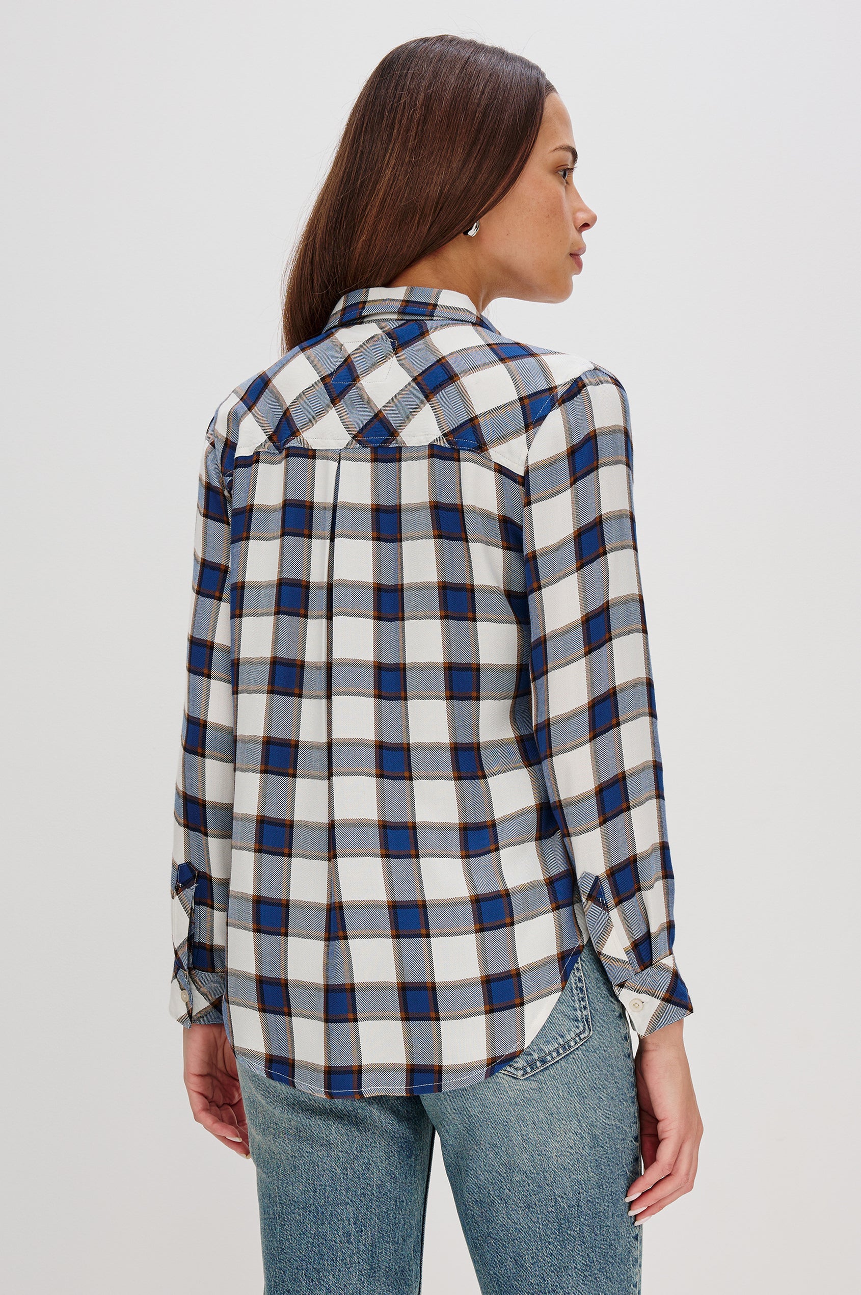 Hunter Long-Sleeve Button Up with a Chest Patch Pocket in Golden Cobalt Colorway, plaid - Back View Featured on Model