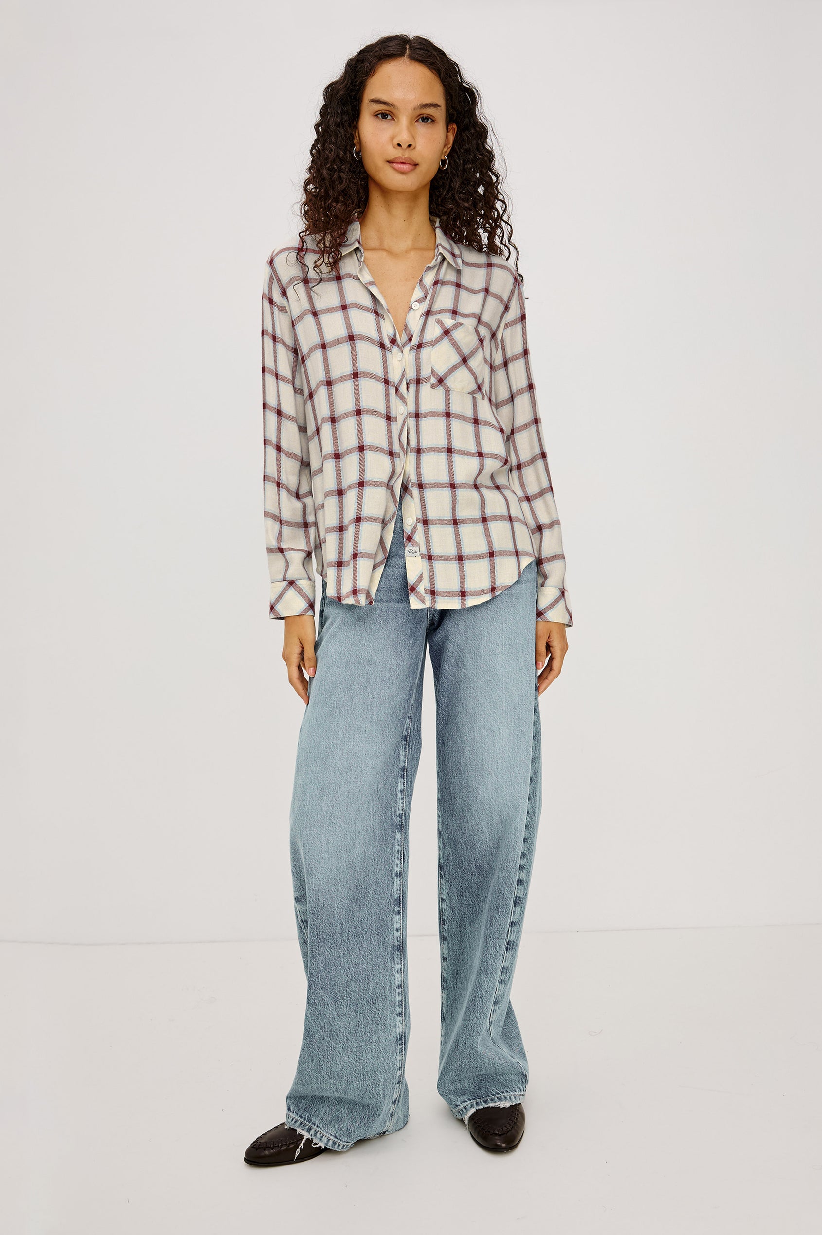 Hunter Button-Up Plaid Shirt in Signature Soft Rayon With Loose Twill Weave, With Collar and Long Sleeves in Ivory Cardinal Colorway - Full Body Front View Featured on Model
