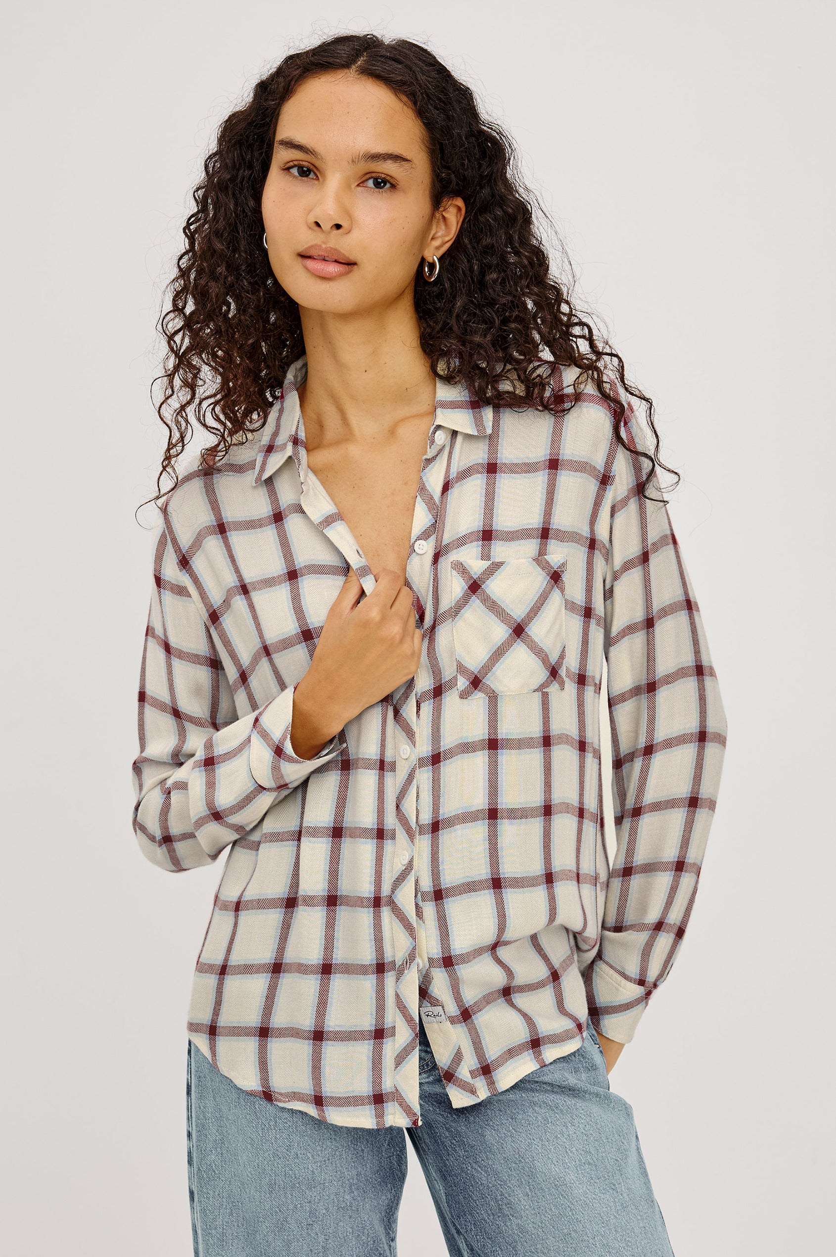 Hunter Button-Up Plaid Shirt in Signature Soft Rayon With Loose Twill Weave, With Collar and Long Sleeves in Ivory Cardinal Colorway - Upper Body Front View Featured on Model