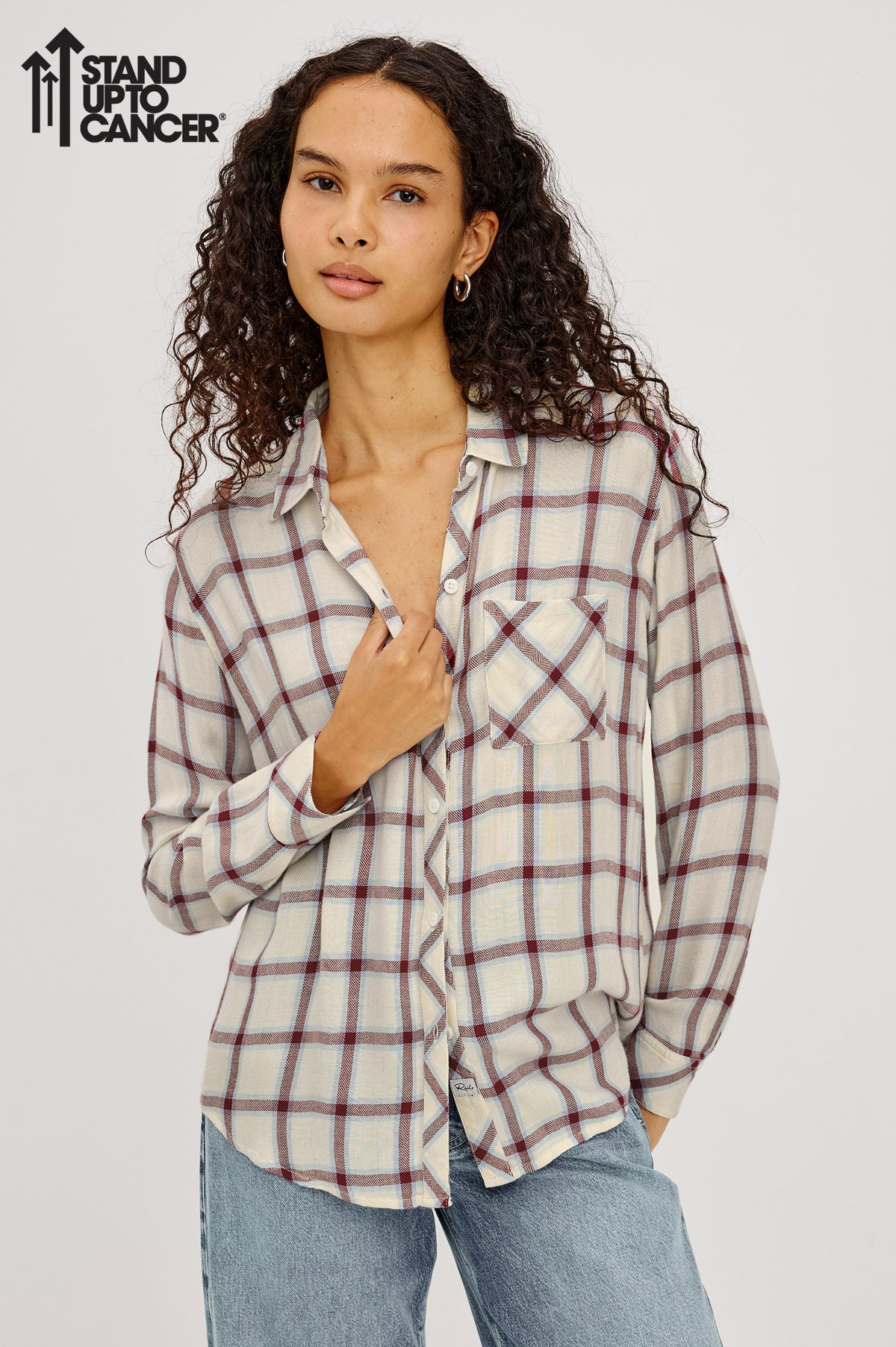 Hunter Button-Up Plaid Shirt in Signature Soft Rayon With Loose Twill Weave, With Collar and Long Sleeves in Ivory Cardinal Colorway - Upper Body Front View Featured on Model with Stand Up To Cancer Logo on Image Top Left